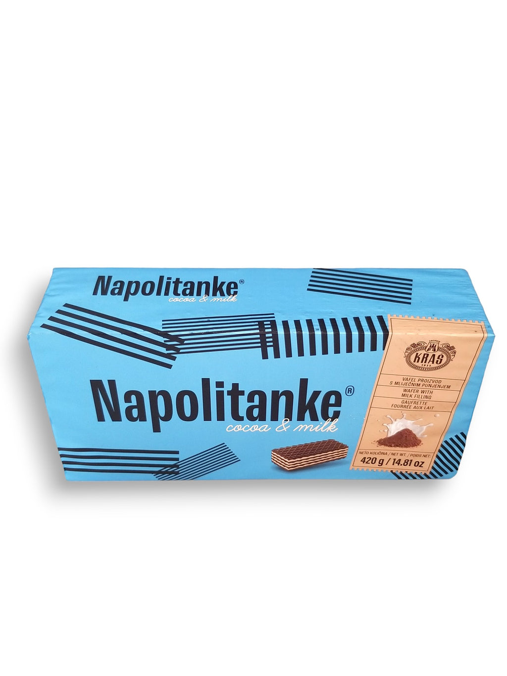 Napolitanke Cocoa & Milk Wafers, 420g, top of package.