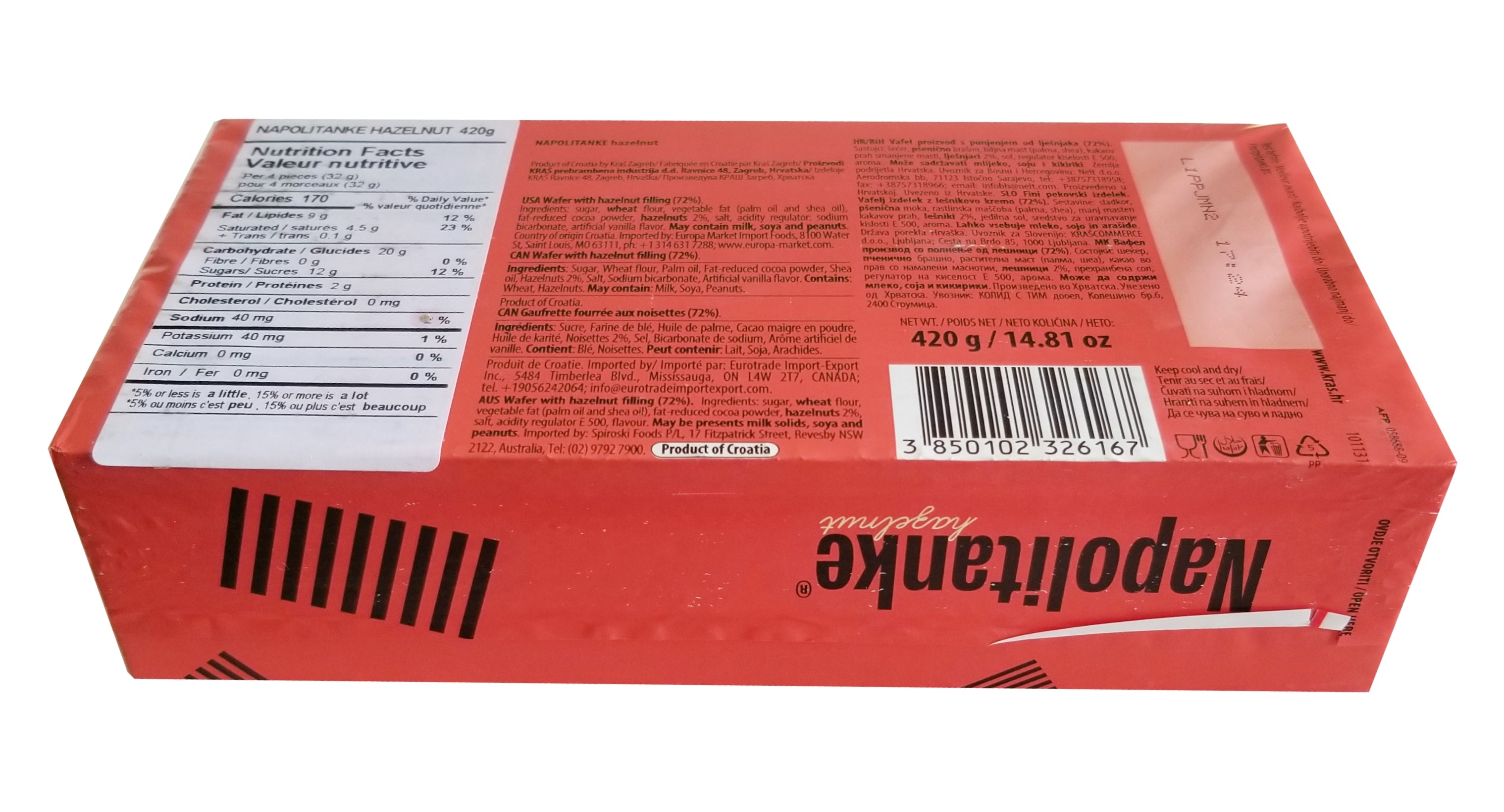 Napolitanke Hazelnut Wafers, 420g/14.8 oz. Box Back Side