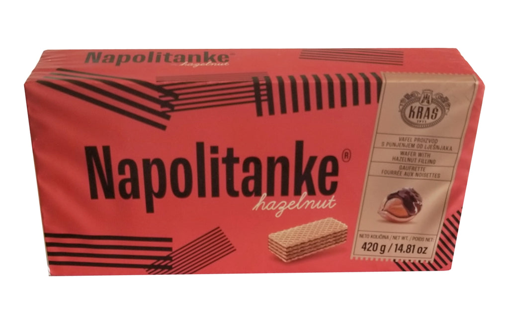 Napolitanke Hazelnut Wafers, 420g/14.8 oz. Box Front Side