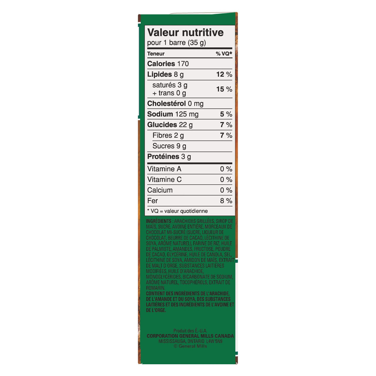 Nature Valley Sweet & Salty Dark Chocolate Nut Granola Bars, 6 Count, 210g/7.4 oz Nutrition label French