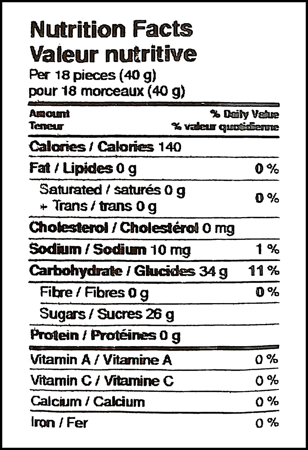 Nutrition facts label of Nature's Bounty Candy Corn, 150g/5.3 oz, Bag