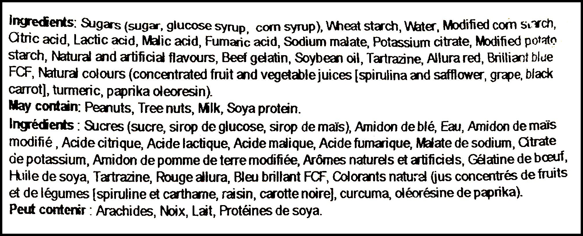 Ingredients label of Nature's Bounty Sour Keys Candy Bag, 130g/4.6 oz., Bag