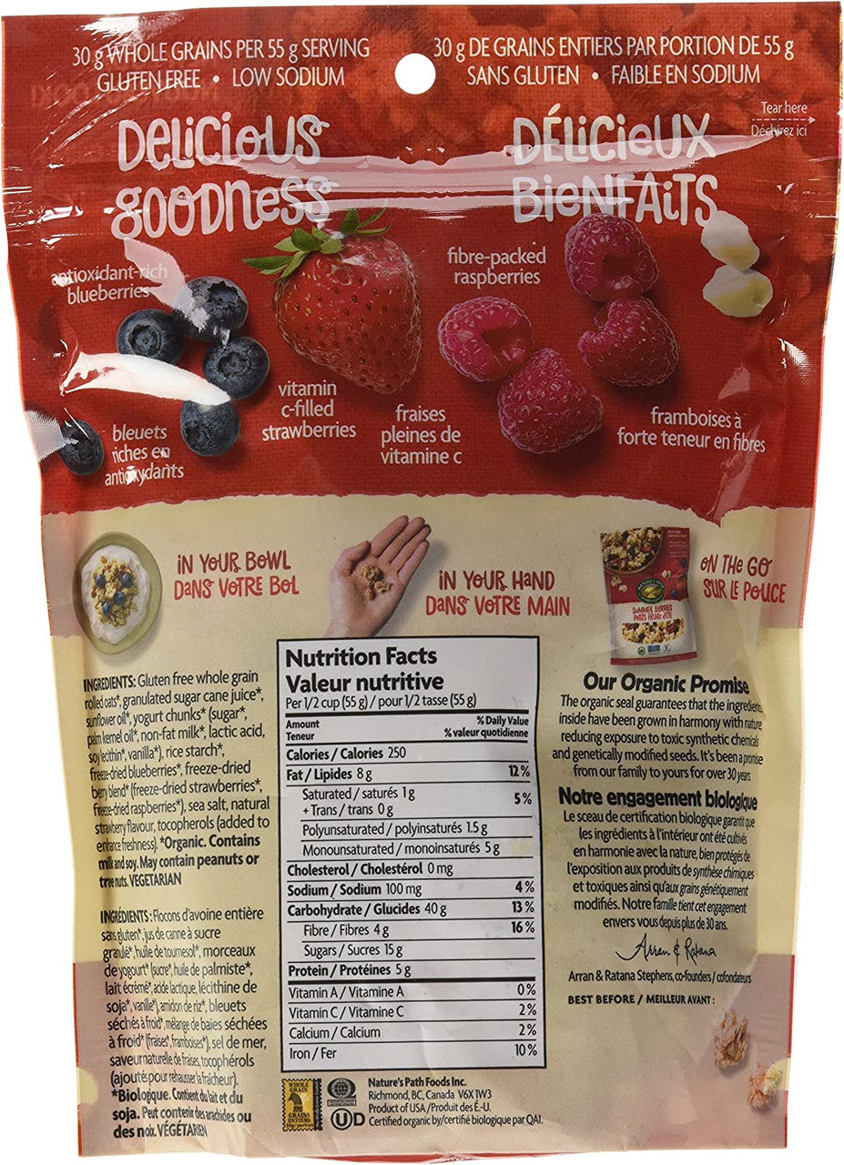 Nature's Path Organic Summer Berries with Yogurt Chunks Granola, 312g Bag Back Side