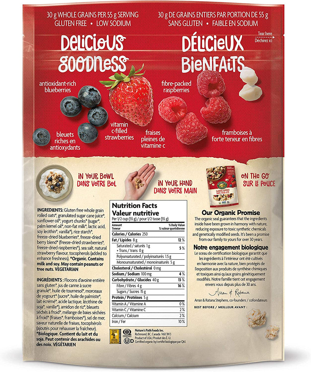 Nature's Path Organic Summer Berries with Yogurt Chunks Granola, 312g/10.9 oz. Bag Back Side