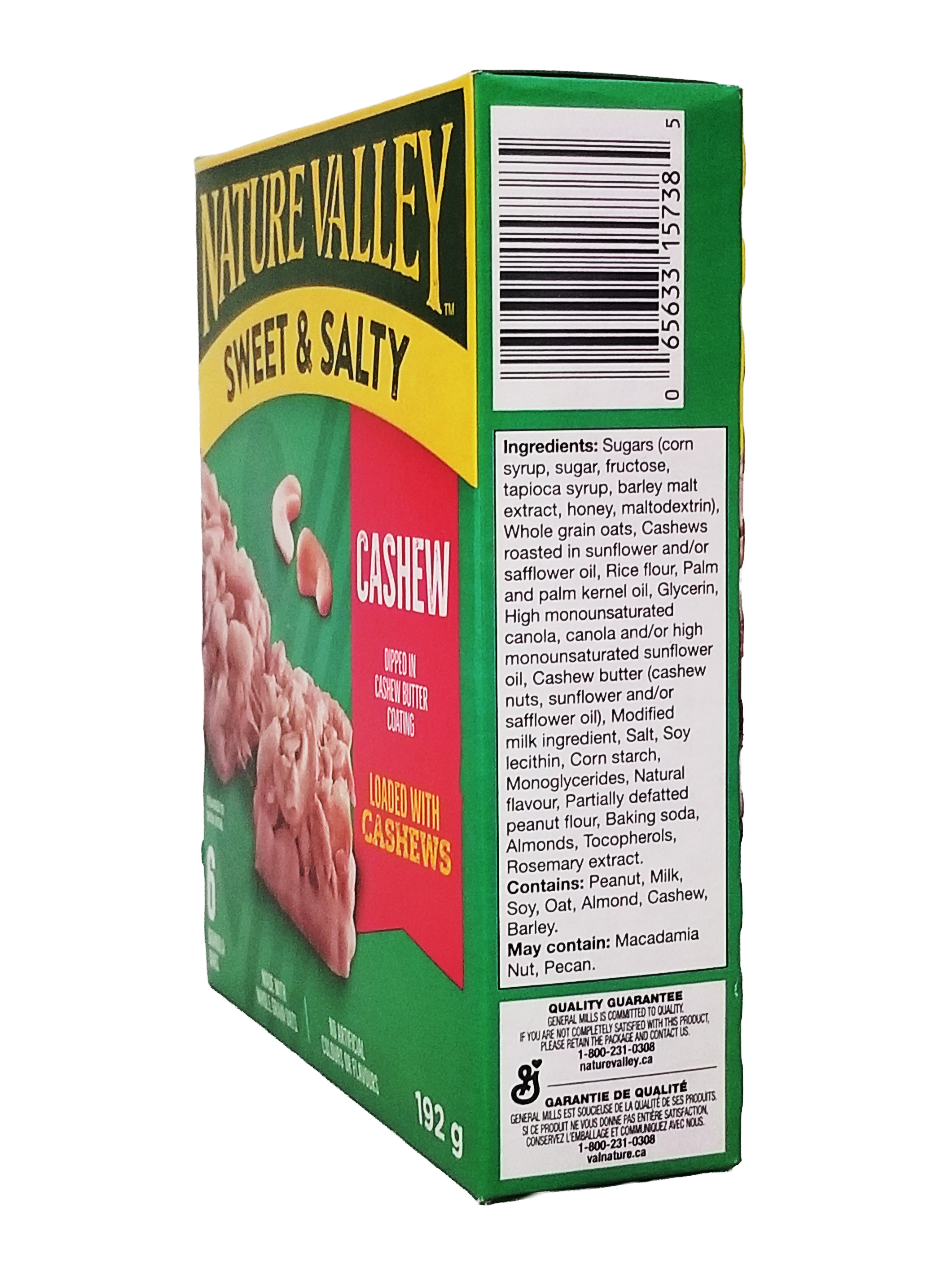 Nature Valley Sweet & Salty Cashew box 192g with ingredients list on a white background