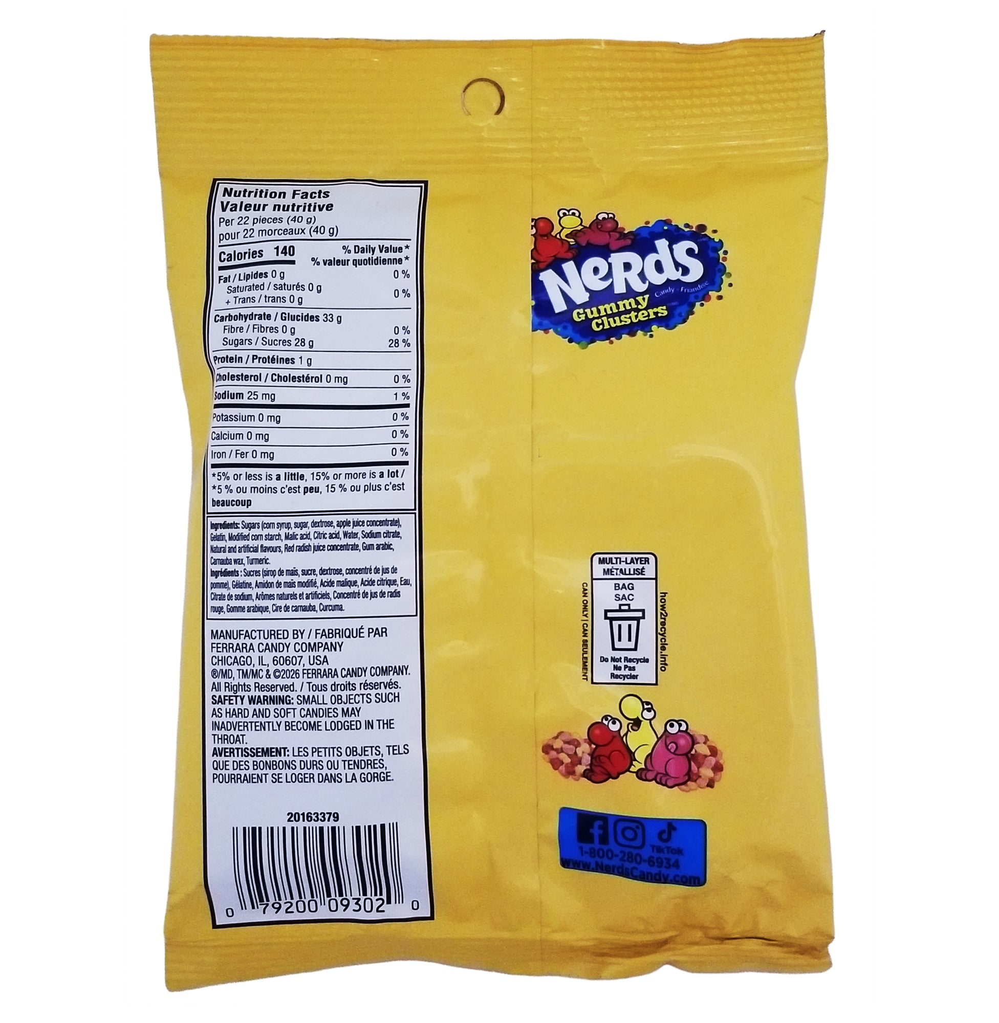 Back of Nerds Gummy Clusters Cherry Lemonade 142g bag showing product details and barcode