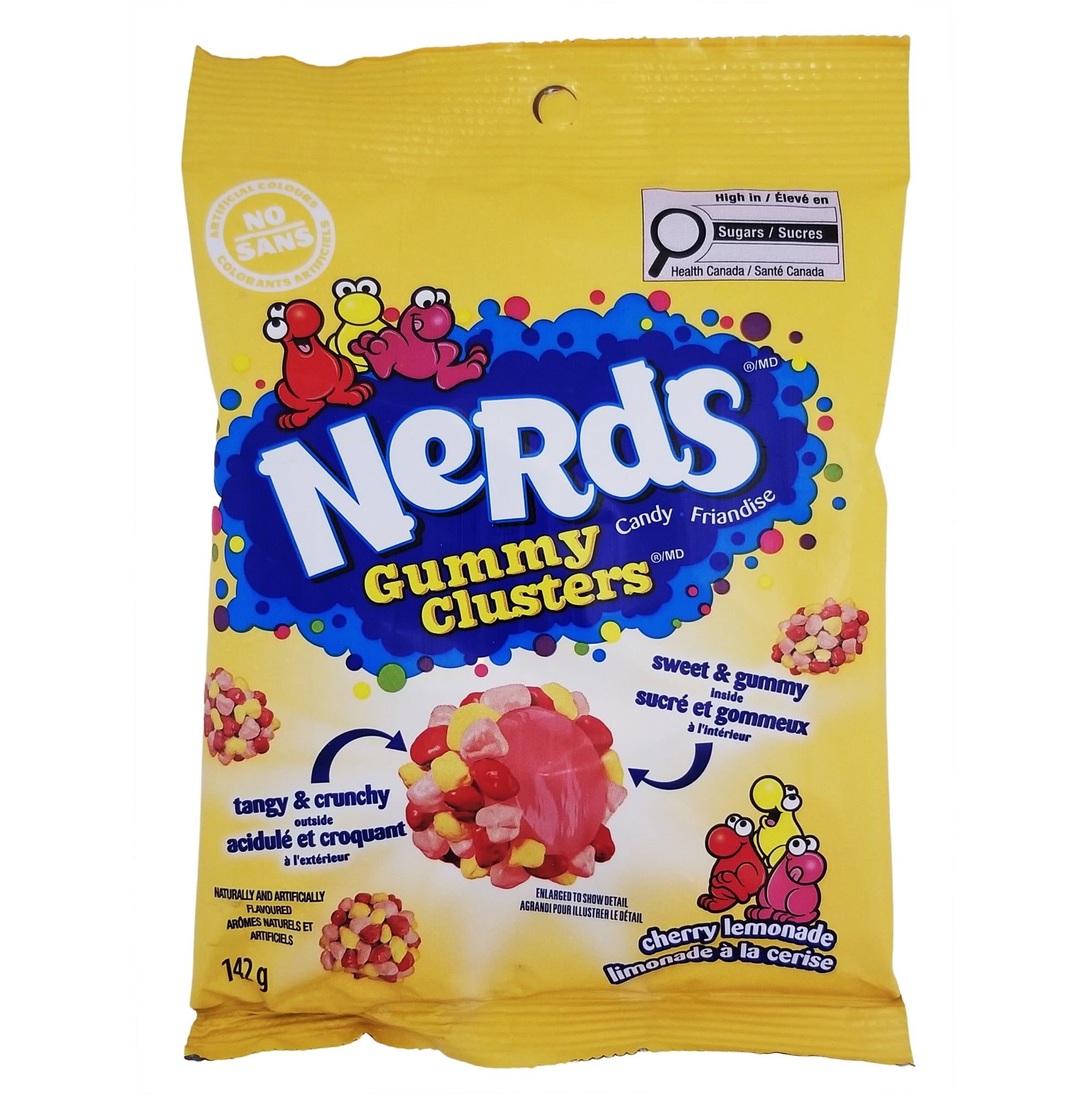 Front of Nerds Gummy Clusters Cherry Lemonade bag, 142g, showing product name and bright pink and yellow packaging