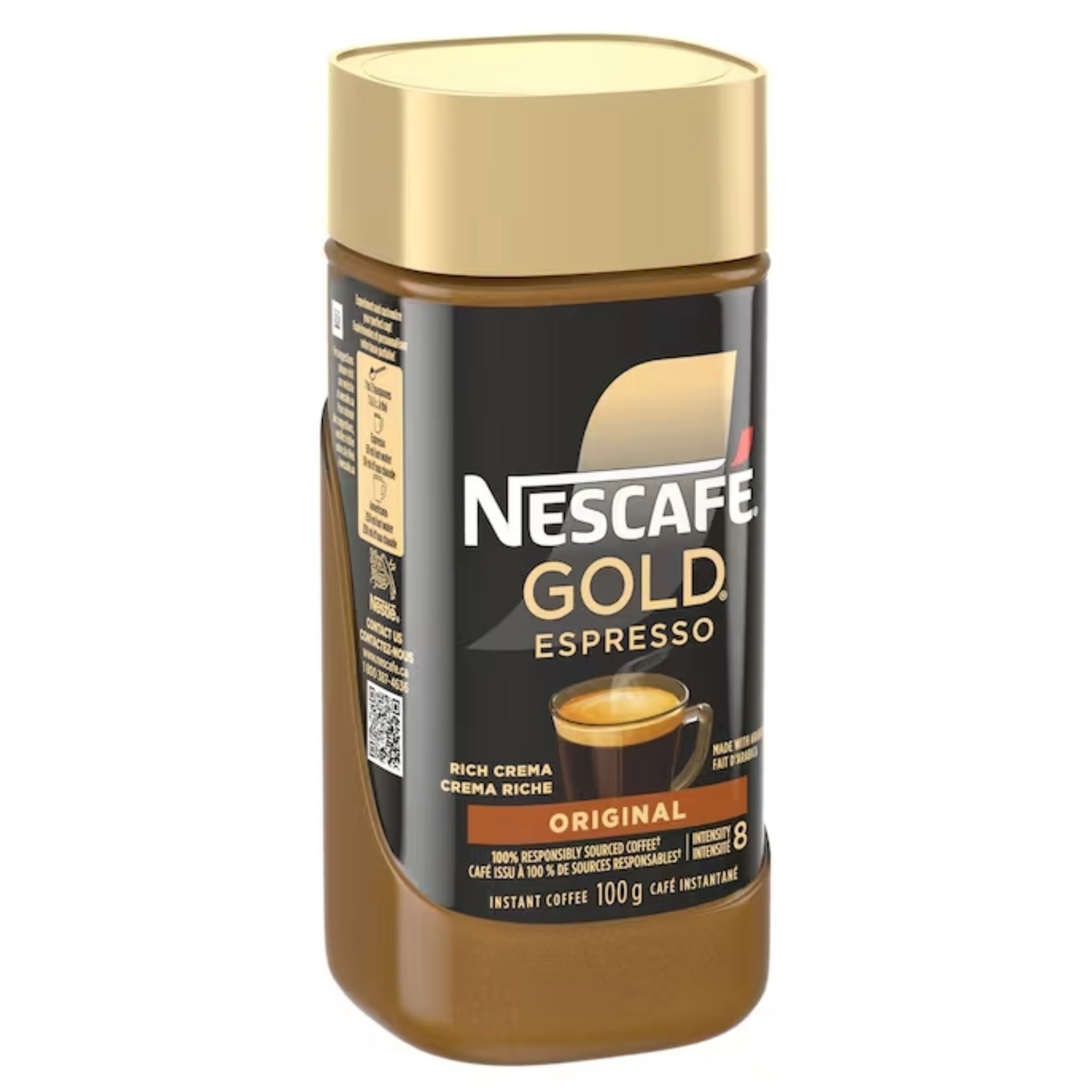 Angled view of Nescafe Gold Espresso Original 100 g jar showing the front label and left-side panel.