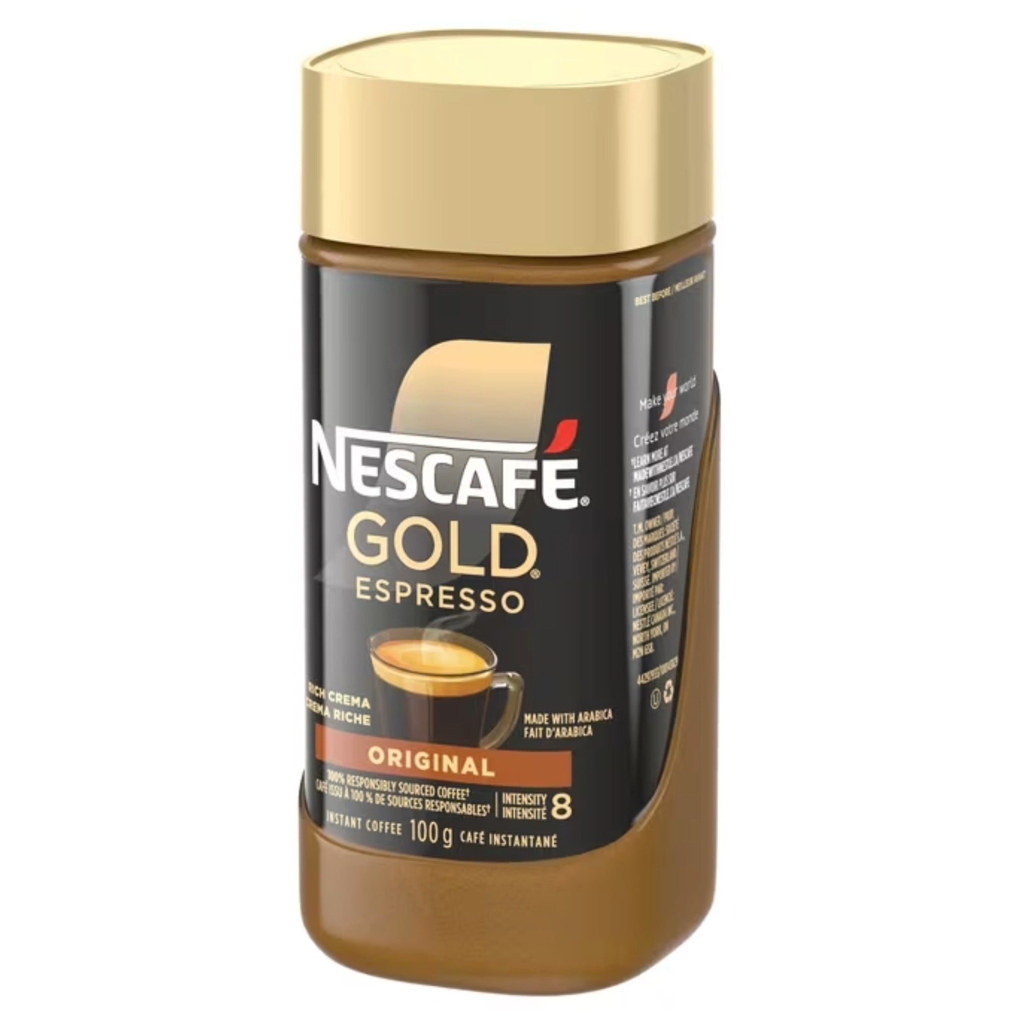 Angled view of Nescafe Gold Espresso Original 100 g jar showing the front label and right-side panel.