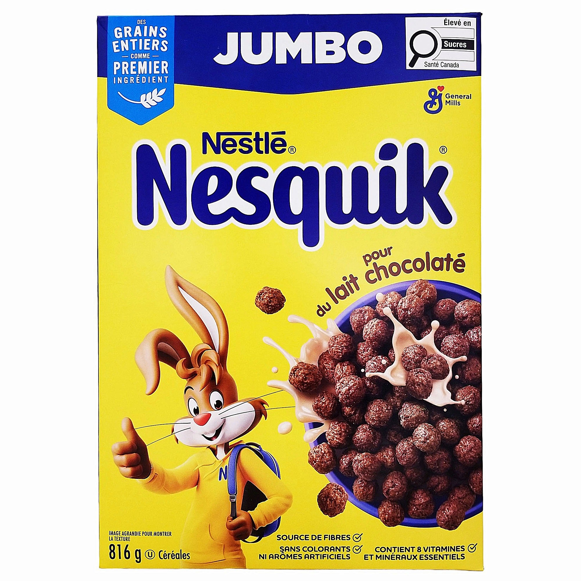French-language front of Nesquik Chocolatey Cereal 816 g jumbo box with bunny mascot.