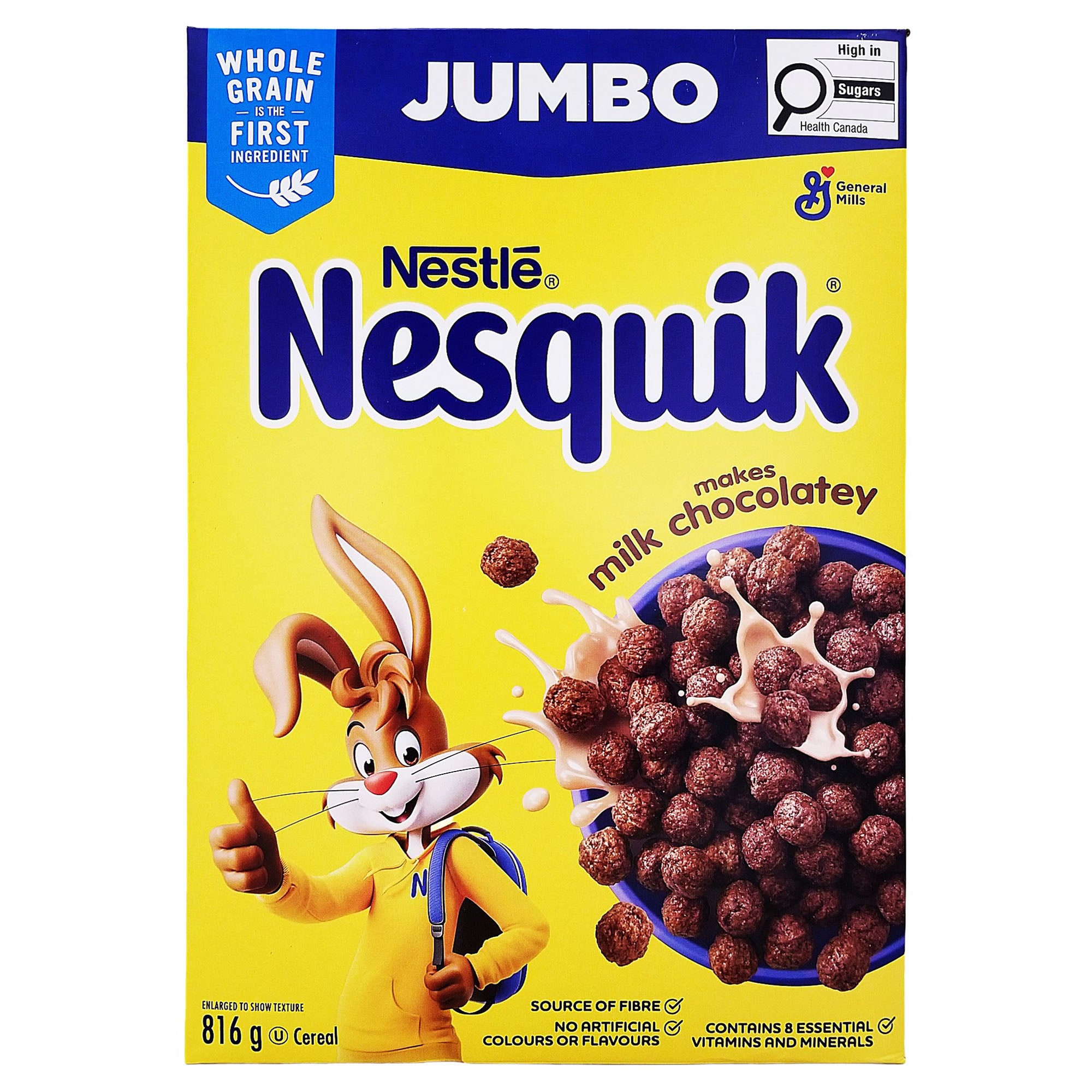 Nesquik Chocolatey Cereal 816 g jumbo yellow box with bunny mascot and bowl of cereal.