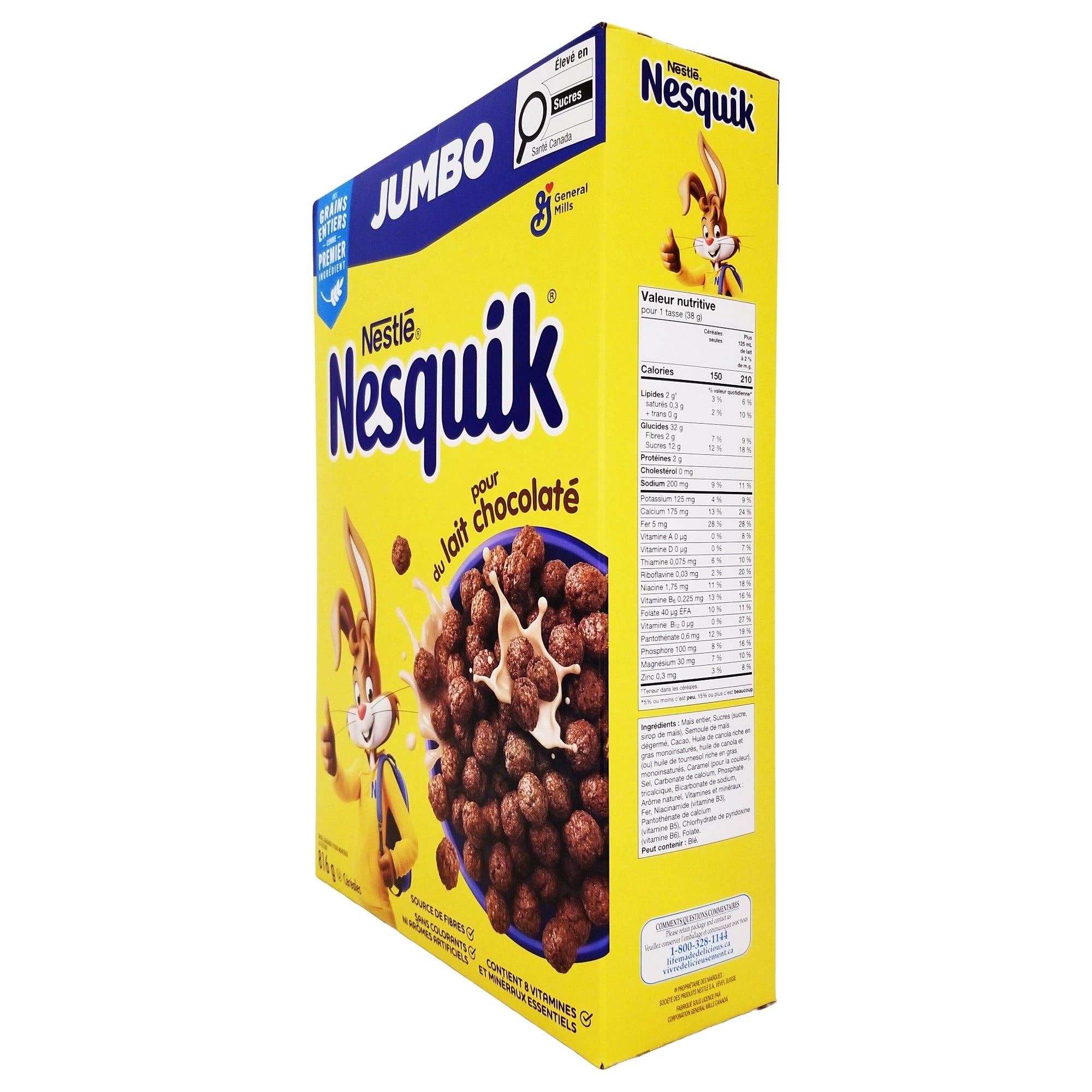 Angled Nesquik Chocolatey Cereal 816 g box showing the French front, nutrition, and ingredients.