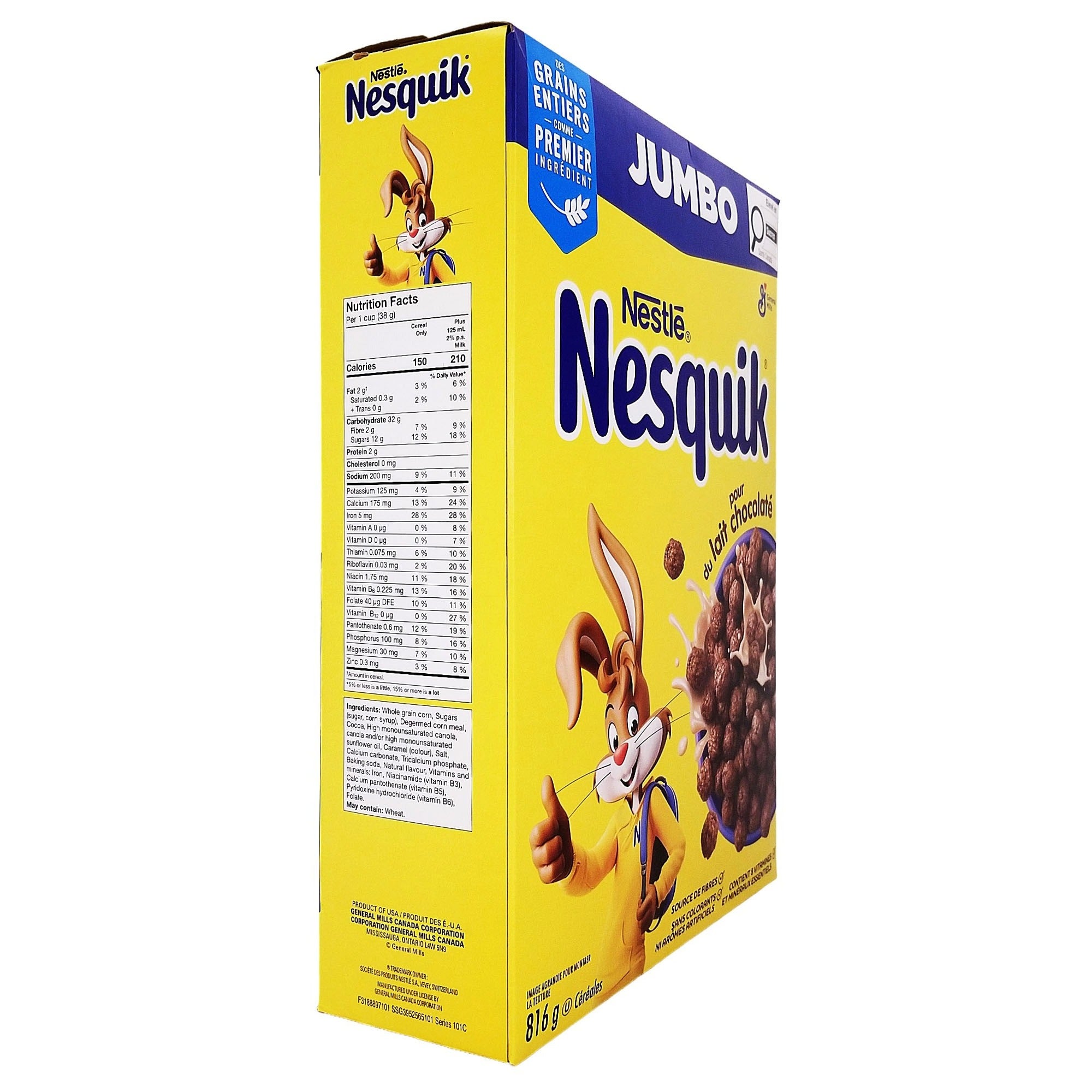 Angled Nesquik Chocolatey Cereal 816 g box showing the French front and English nutrition and ingredients.