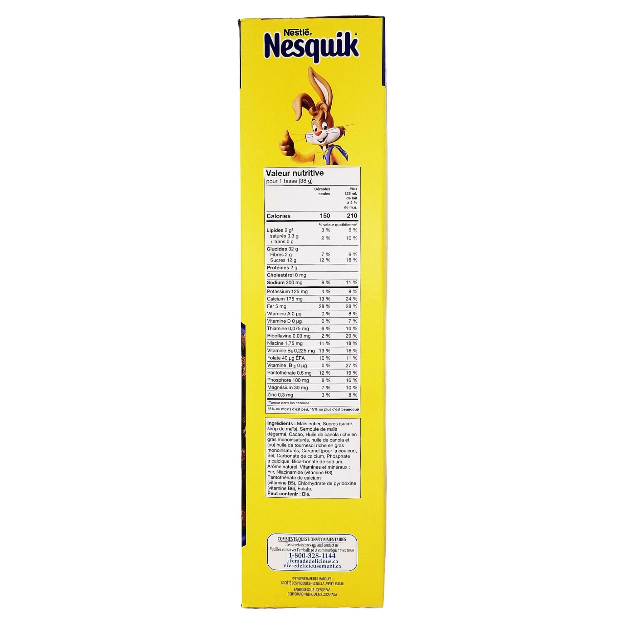 Yellow Nesquik cereal box side panel with French nutrition, ingredients, and bunny mascot.