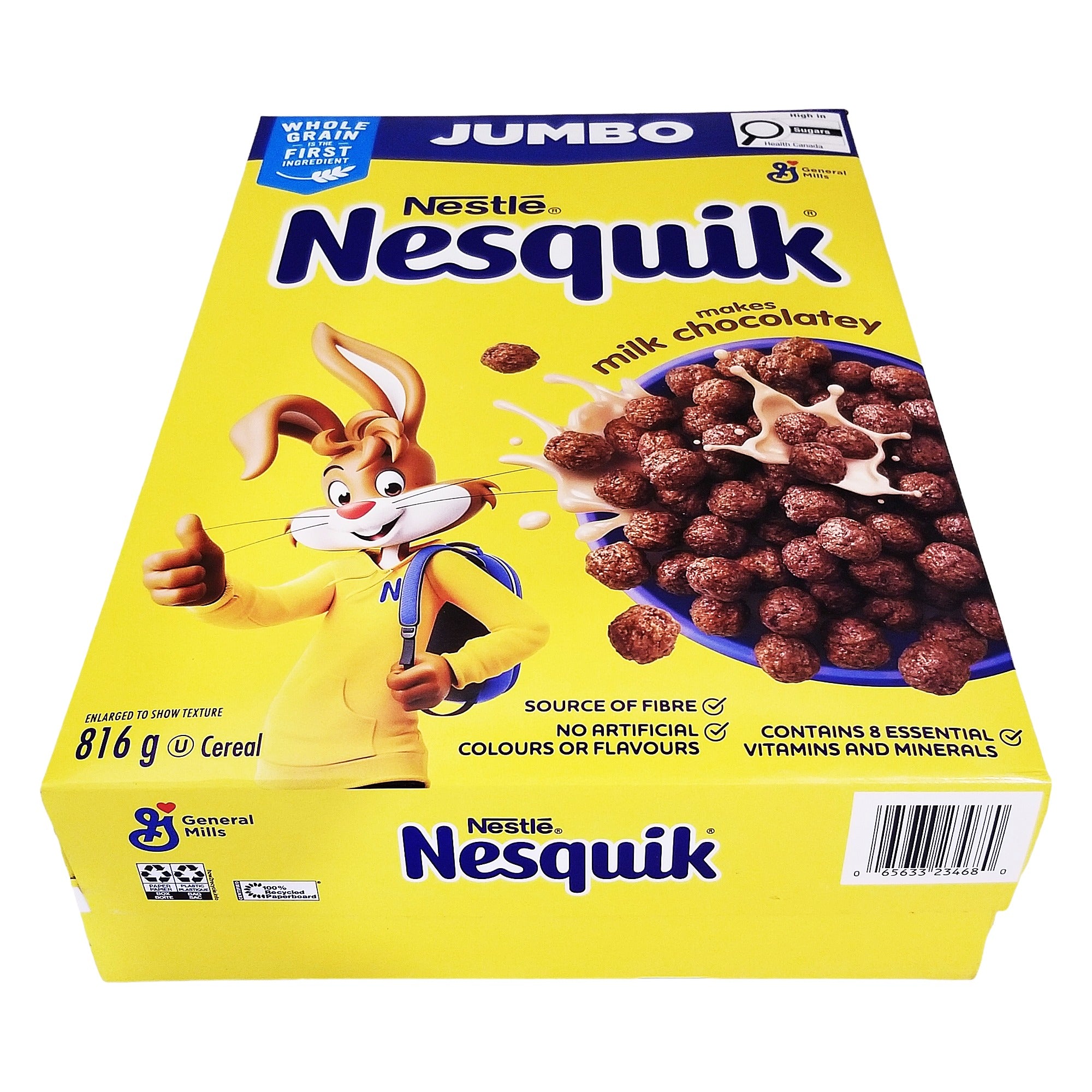 Nesquik Chocolatey Cereal 816 g box lying flat, showing the English front and bottom barcode panel.