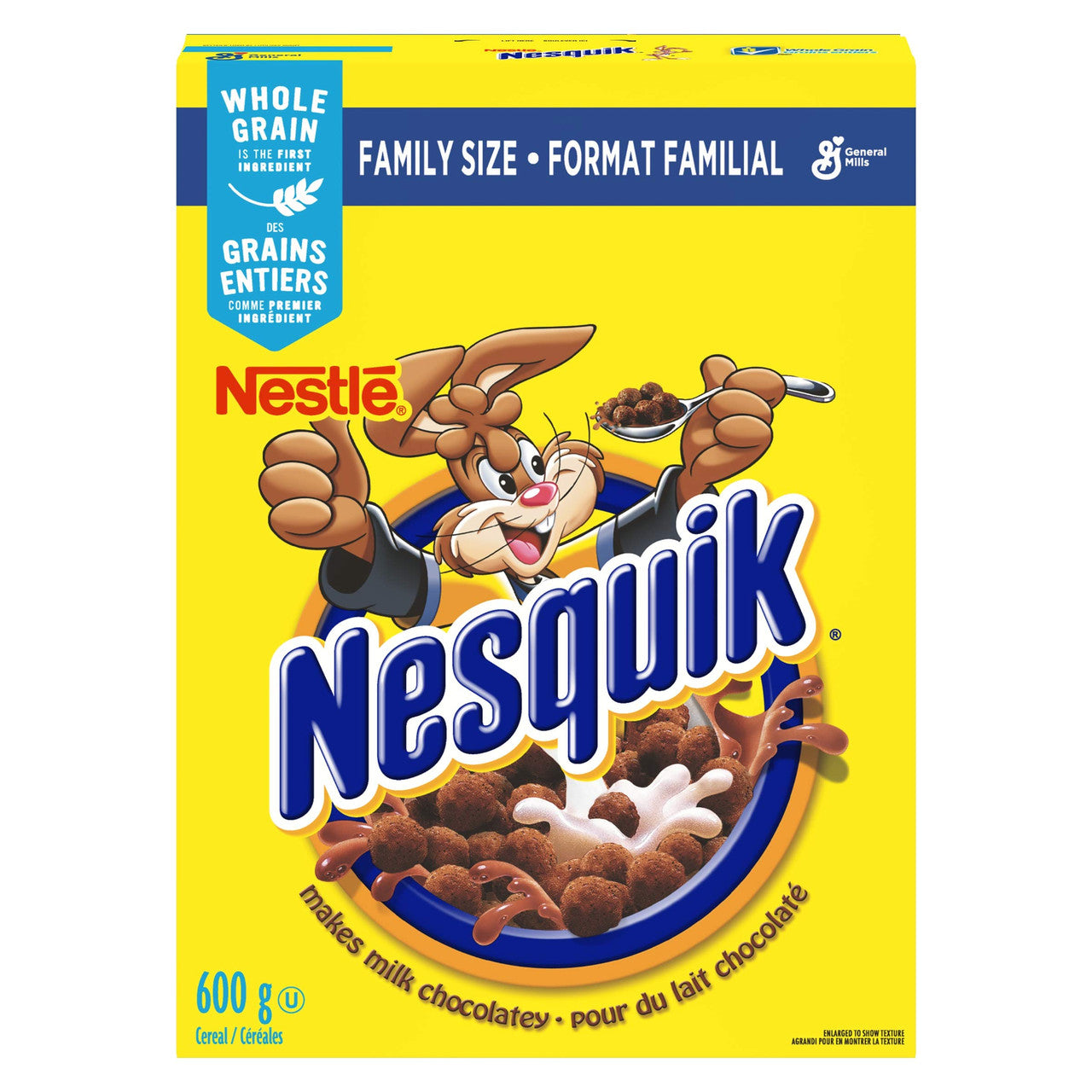 Nesquik Chocolatey Cereal, 600g/21.2 oz., Box Front Side