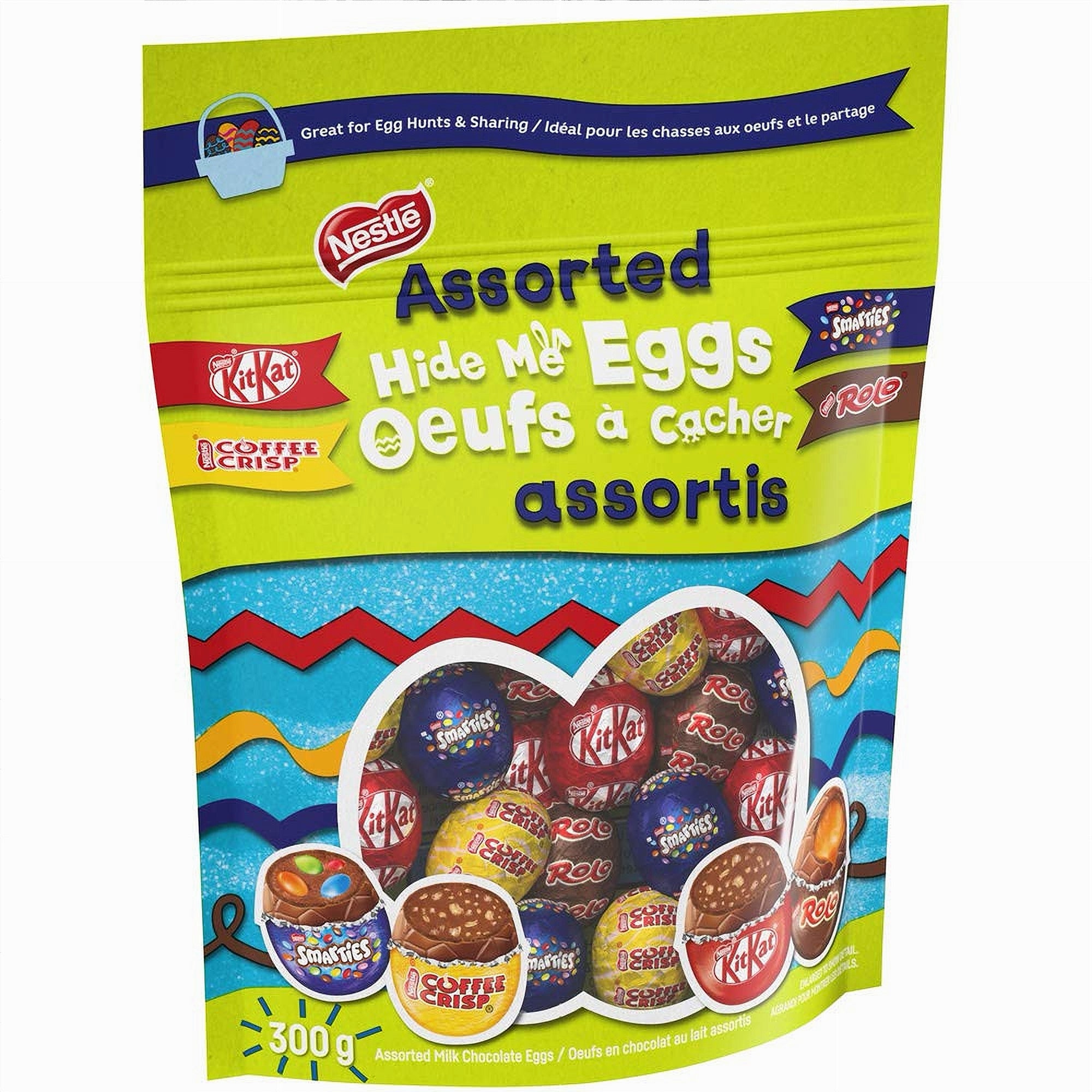 Assorted Nestle chocolate eggs packaging with visible Nestle logo on a colorful background
