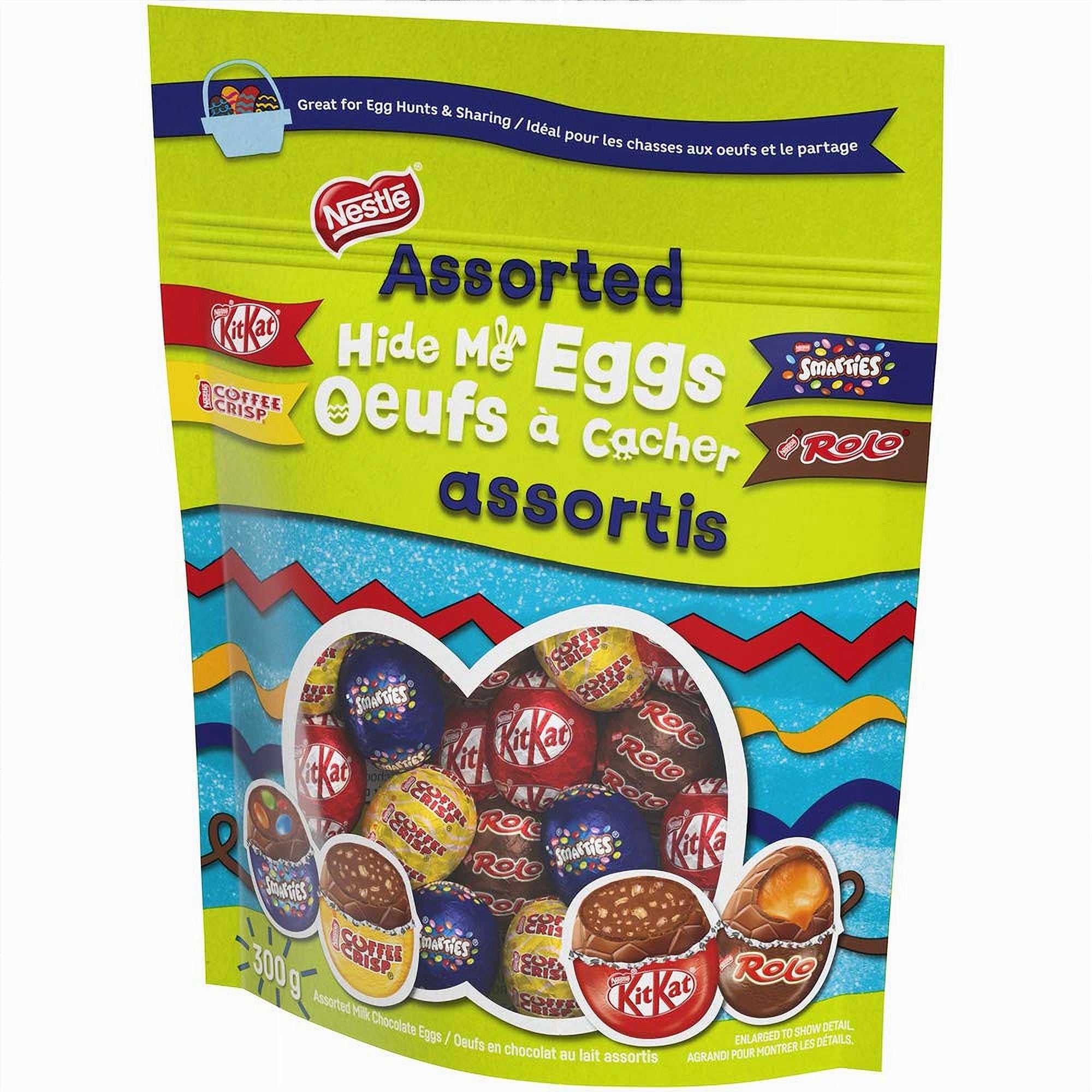 300g Packaging of Nestle Assorted Hide Me Eggs with KitKat, Rolos, and Sm什hes on a colorful background.