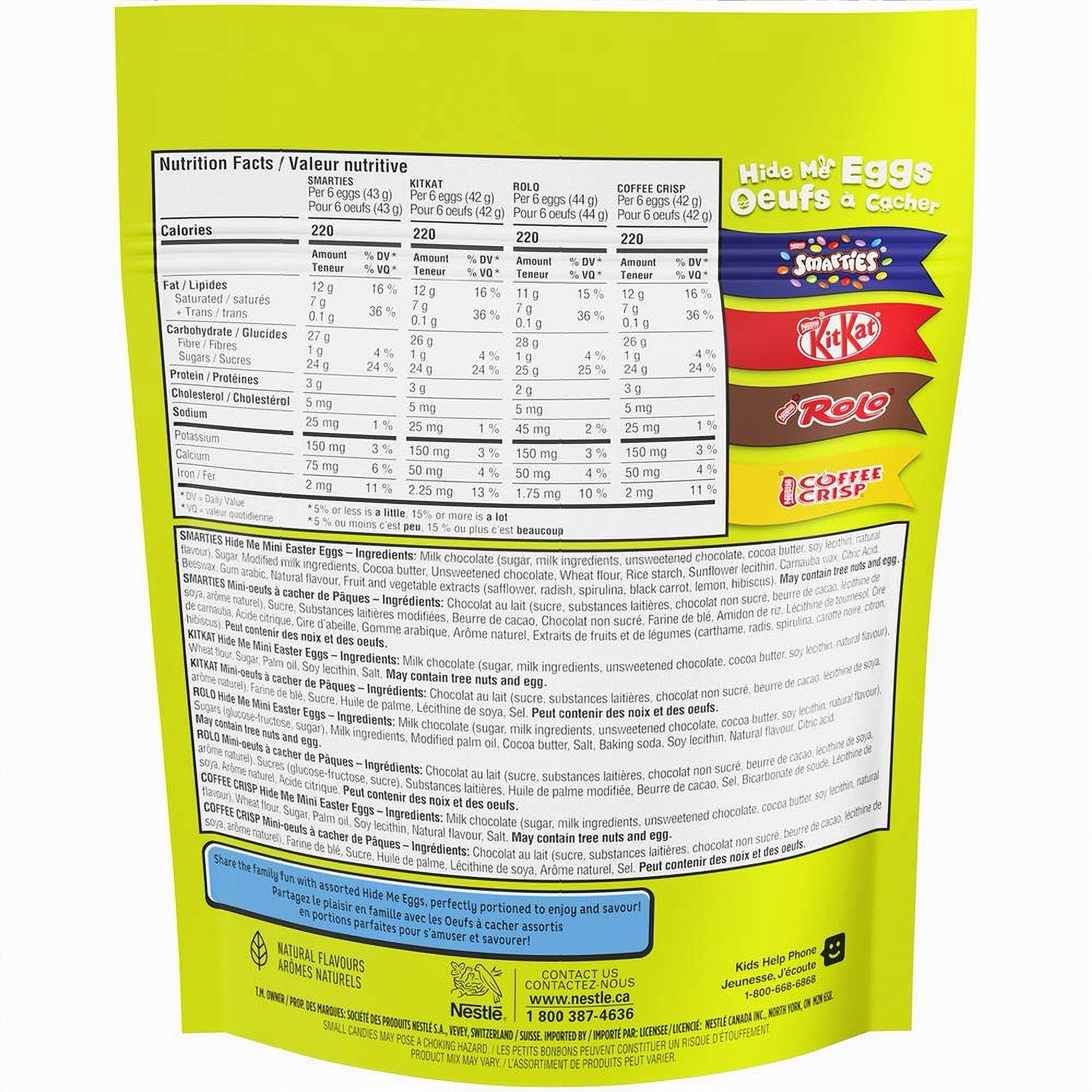 Back view of a Nestlé Assorted Hide Me Easter Eggs 300g package with nutritional information and candy brand logos on a white background