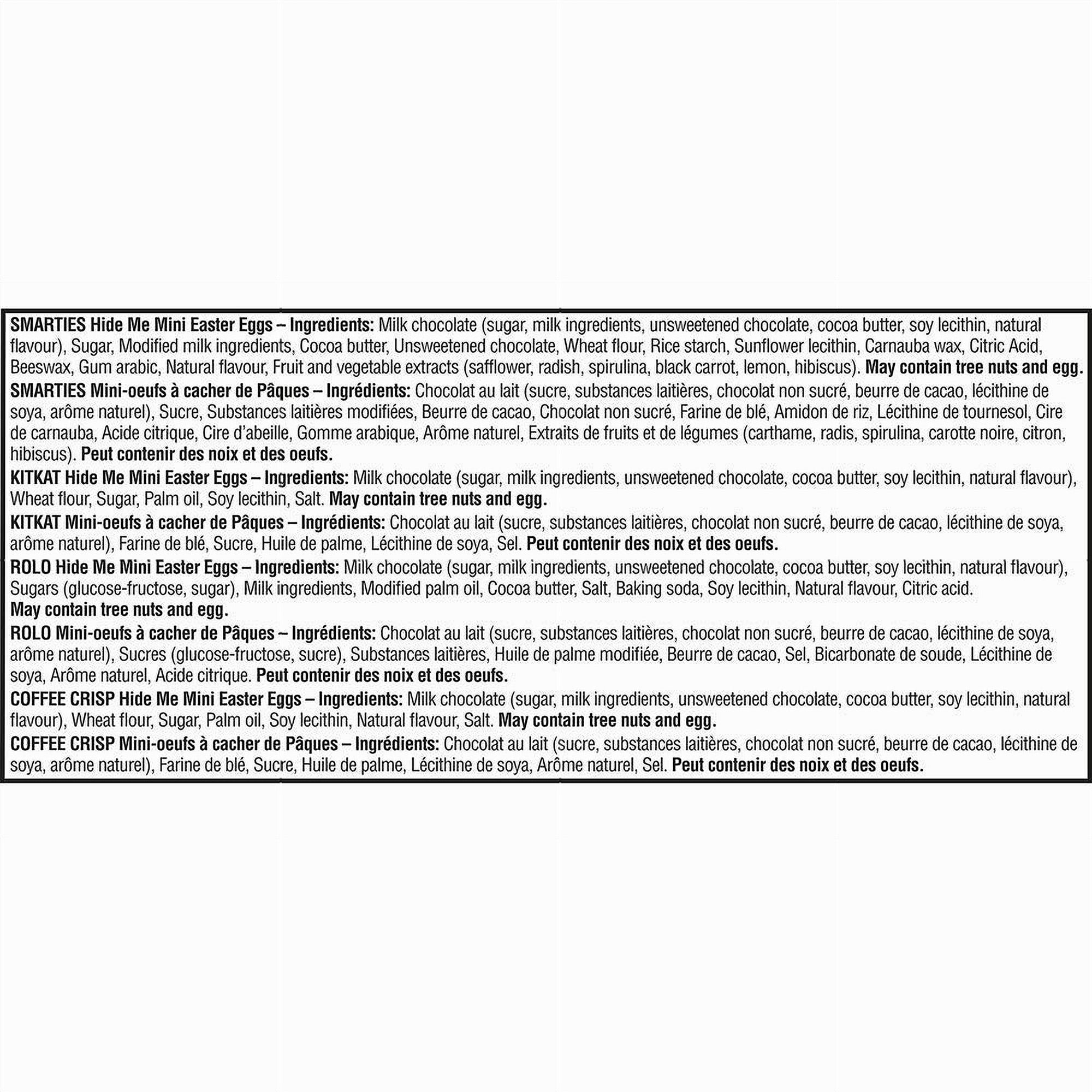 Text displaying ingredients of Nestlé Assorted Hide Me Easter Eggs 300g on a white background