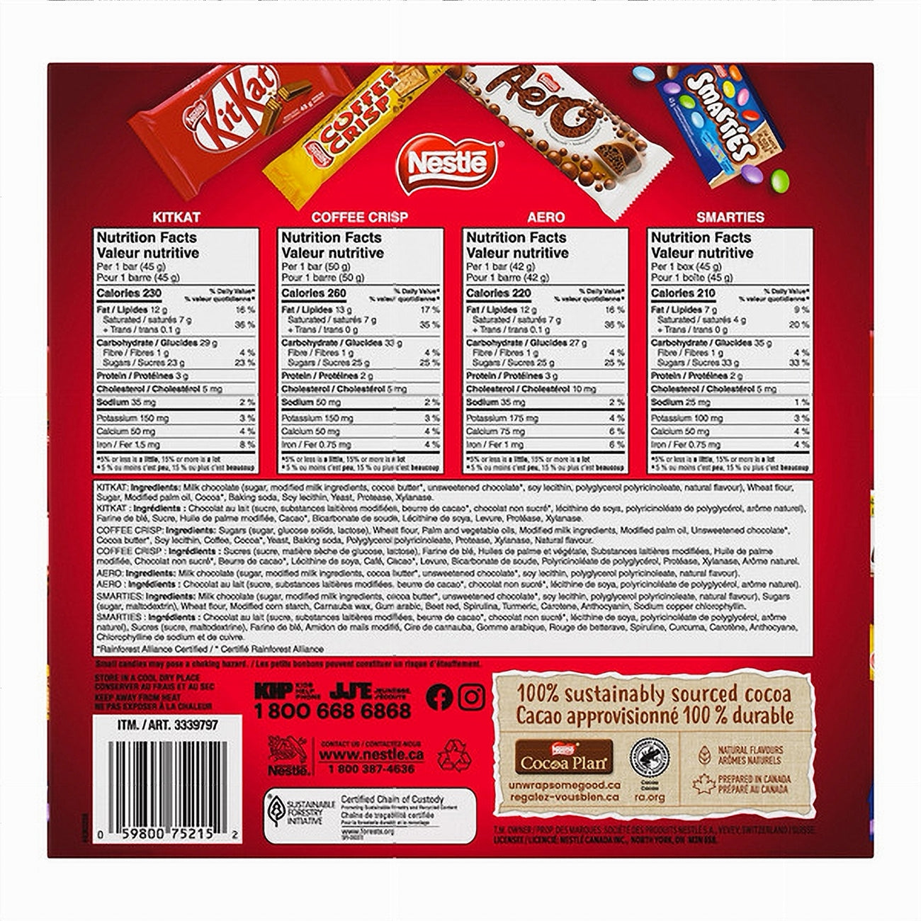 Back of Nestle 24 Full Size Milk Chocolate Bars Variety Pack - 1.08kg packaging with various Nestle products displayed.