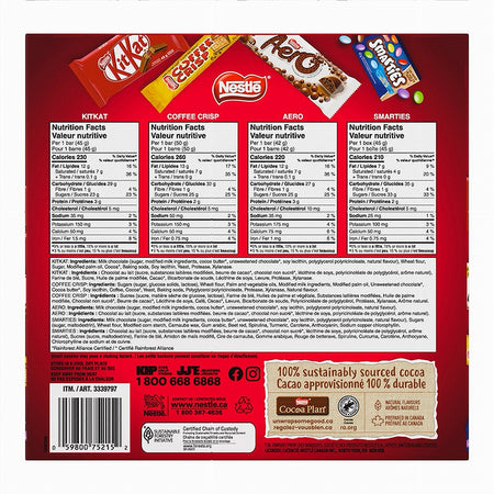 Back of Nestle 24 Full Size Milk Chocolate Bars Variety Pack - 1.08kg packaging with various Nestle products displayed.
