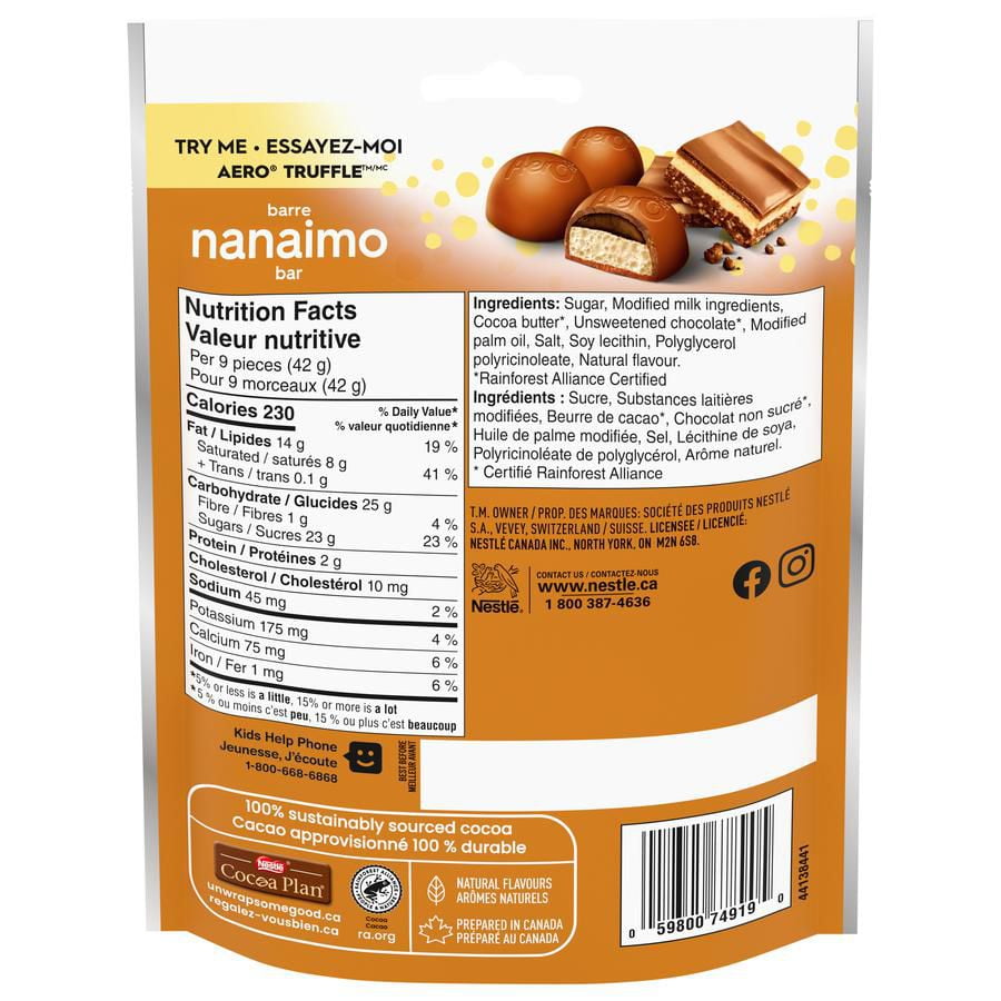 Nestle Aero Salted Caramel Fudge Mini's, 135g/4.8oz., Pouch Back Side