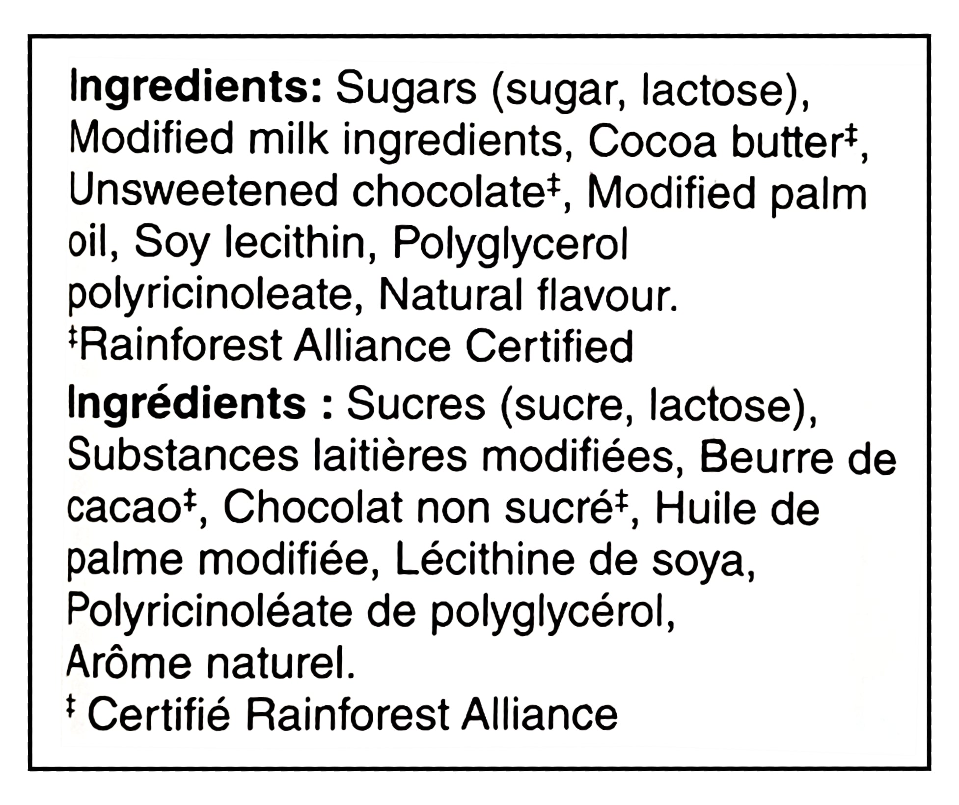 Nestle Aero Scoops Vanilla Bean Milk Chocolate Bar, 105g/3.7oz. - Ingredients Label