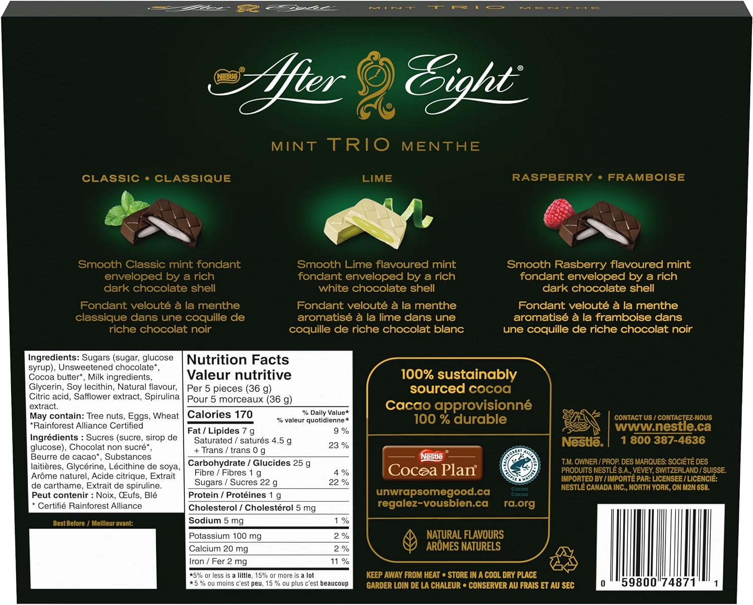 Nestle After Eight Dark Chocolate Mint Trio, Raspberry, Classic, and Lime Flavors, 260g/9 oz. Box Back Side
