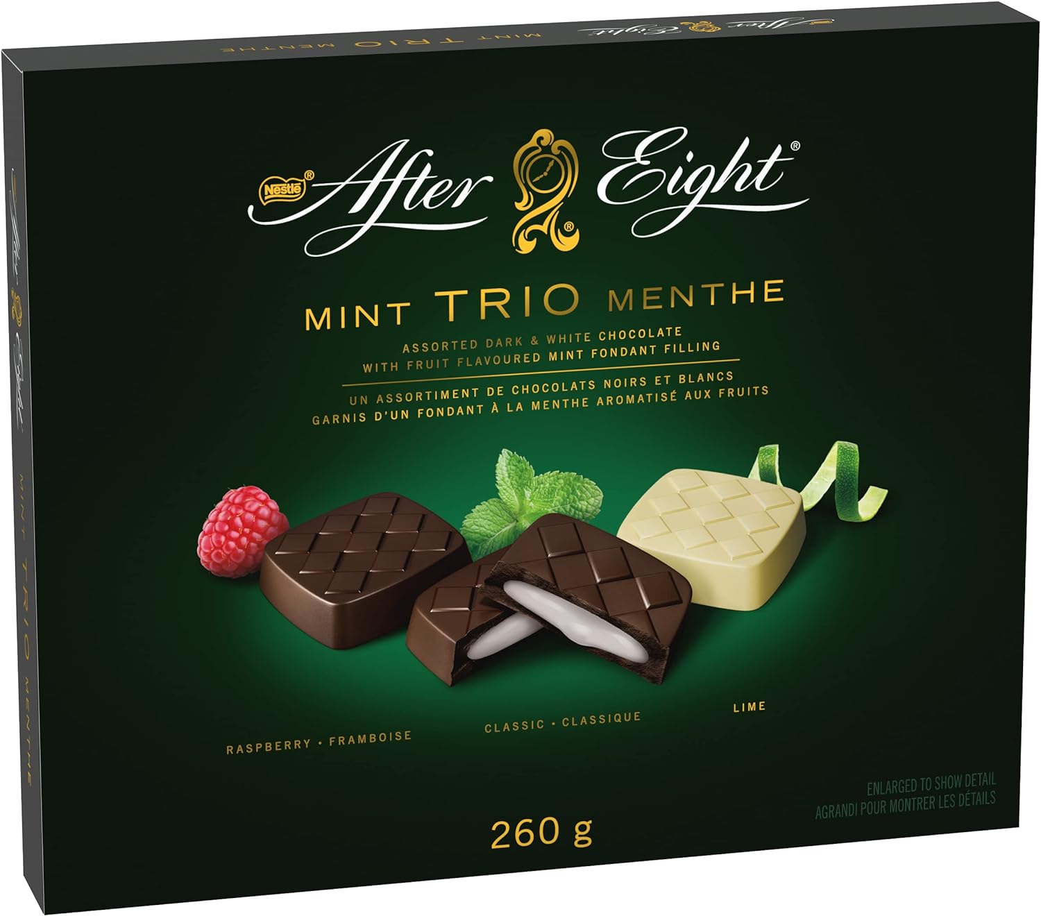 Nestle After Eight Dark Chocolate Mint Trio, Raspberry, Classic, and Lime Flavors, 260g/9 oz. Box Left Angle