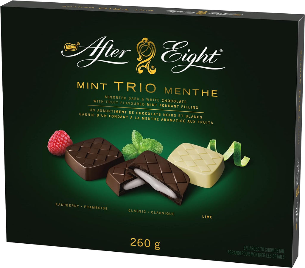Nestle After Eight Dark Chocolate Mint Trio, Raspberry, Classic, and Lime Flavors, 260g/9 oz. Box Right Angle