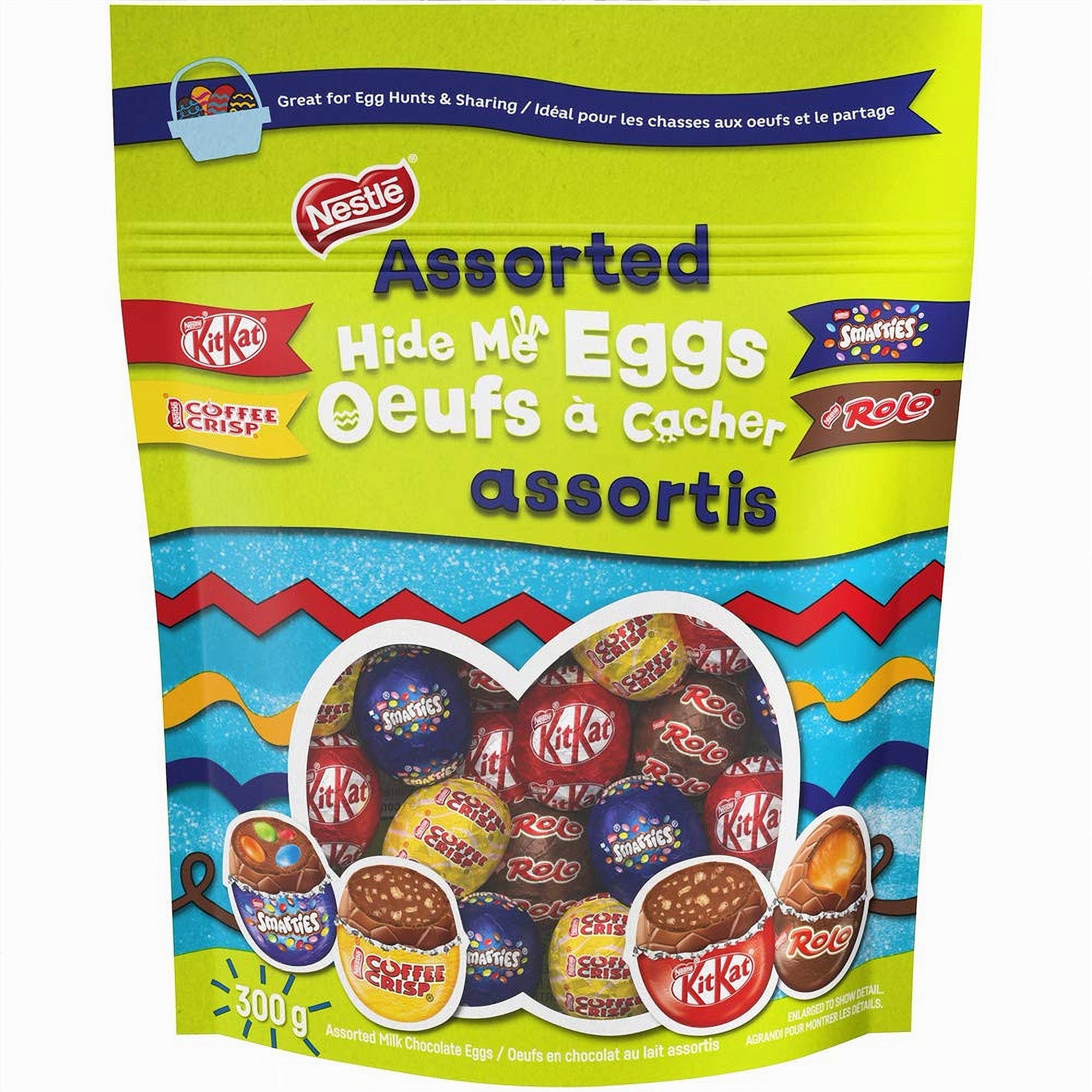 Packaging of Nestle assorted chocolate eggs 300g with visible brand logos on a colorful background.