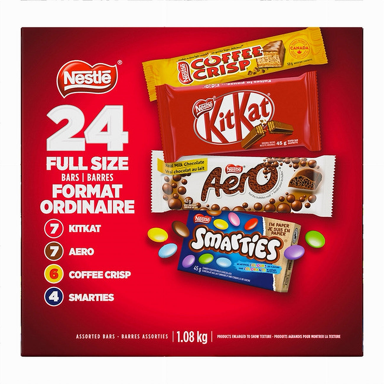 Box of Nestle chocolate bars including KitKat, Aero, Coffee Crisp, and Smarties on a red background.