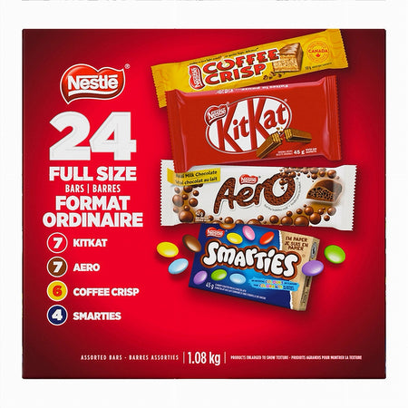 Box of Nestle chocolate bars including KitKat, Aero, Coffee Crisp, and Smarties on a red background.