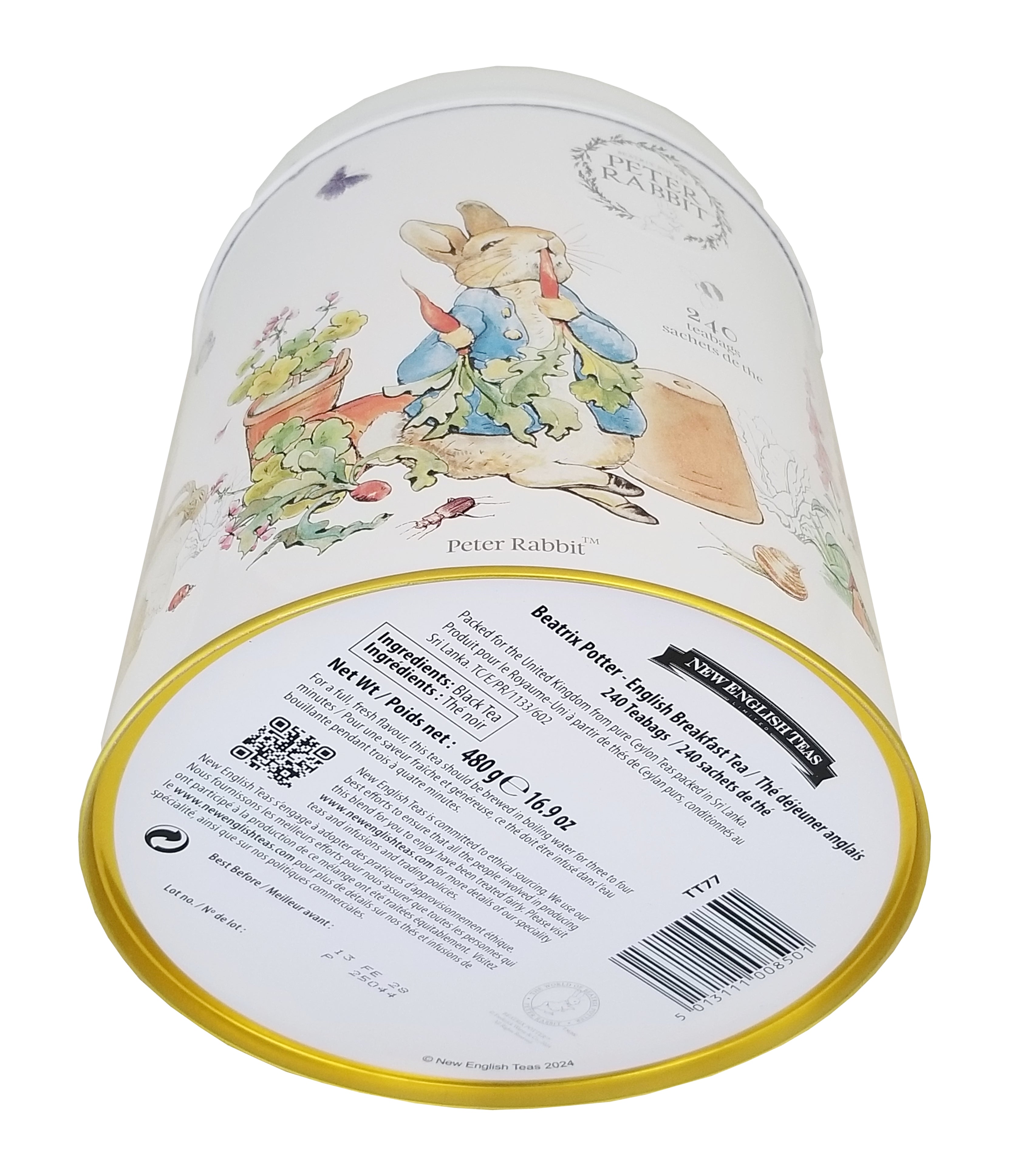 New English Teas Beatrix Potter Peter Rabbit Tea Caddy - 240 Tea Bags - Bottom of round product packaging with illustrations of characters and text on a white background