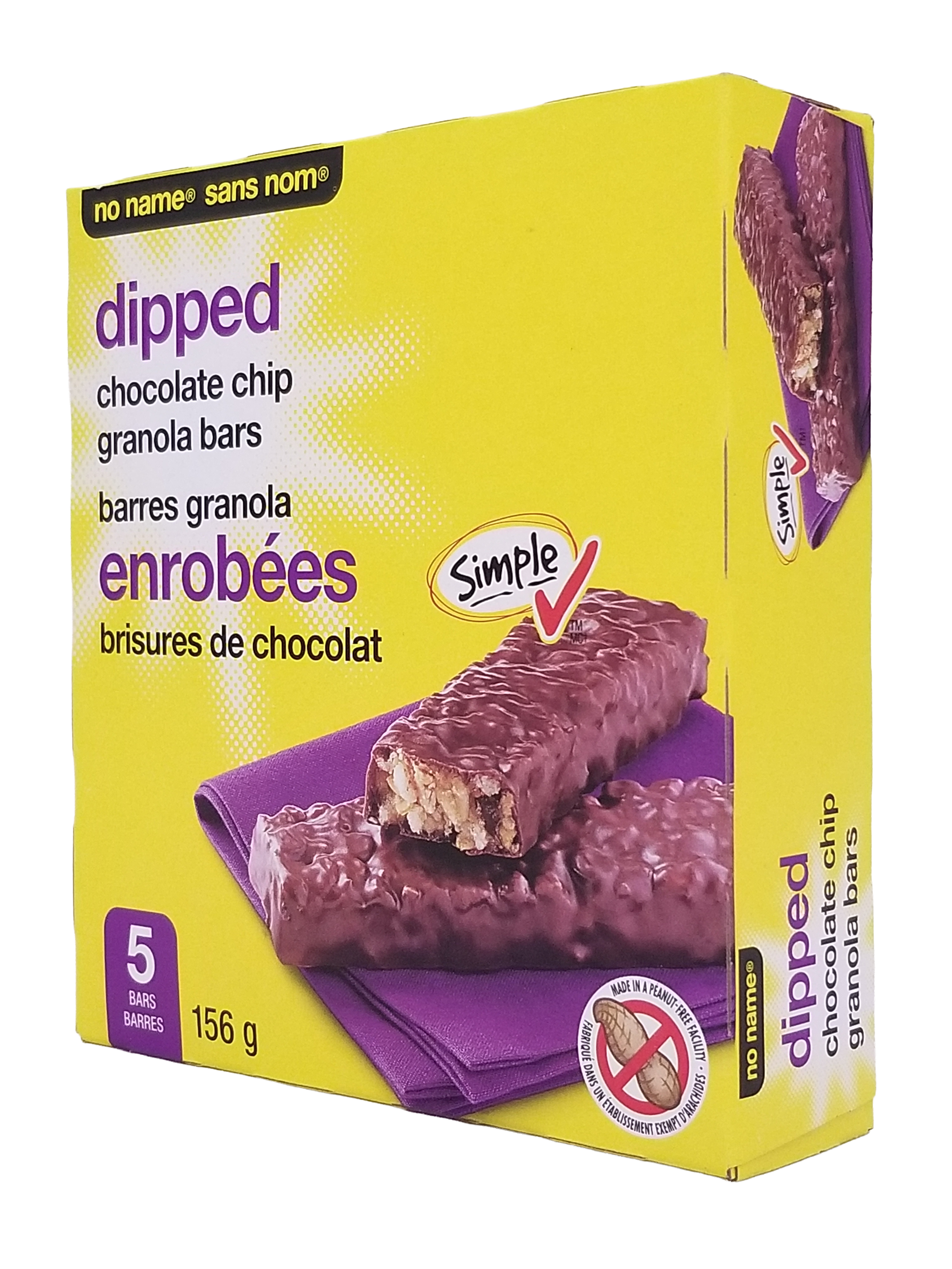 Box of Simple V dipped chocolate chip granola bars with a yellow background