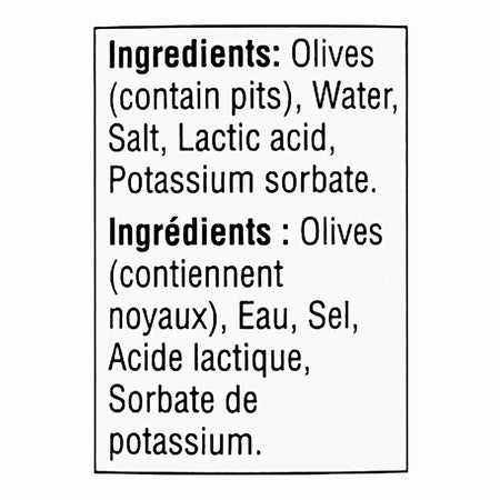 No Name Spanish Queen Olives 375ml ingredients label Canadian product