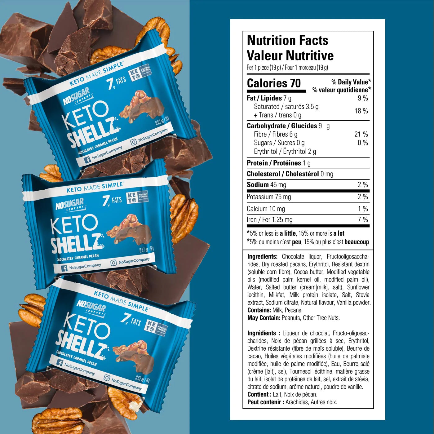 NoSugar Company Shellz, Dark Chocolatey Caramel Pecan Clusters, 19g x 25 Grab & Go Packets, 475g/1 lb Box {Imported from Canada}