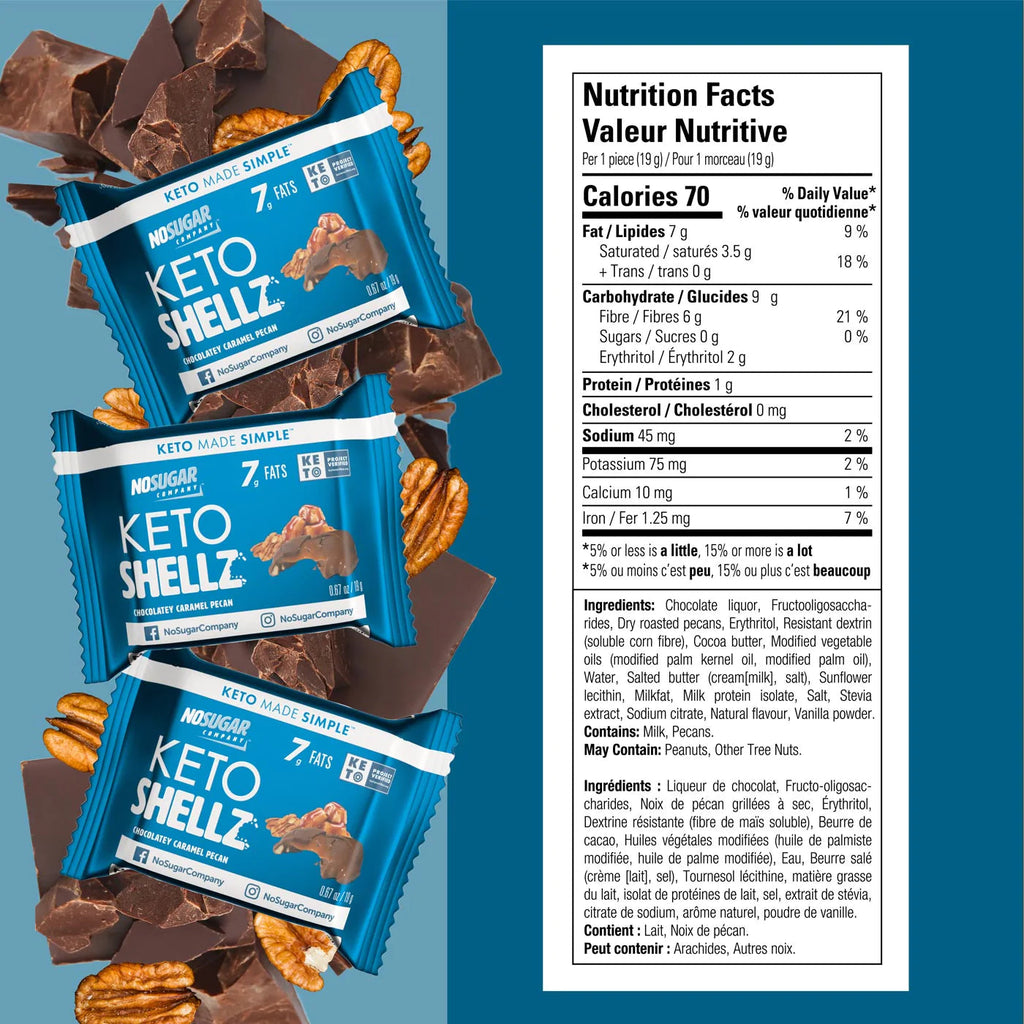 NoSugar Company Shellz, Dark Chocolatey Caramel Pecan Clusters, 19g x 25 Grab & Go Packets, 475g/1 lb Box {Imported from Canada}