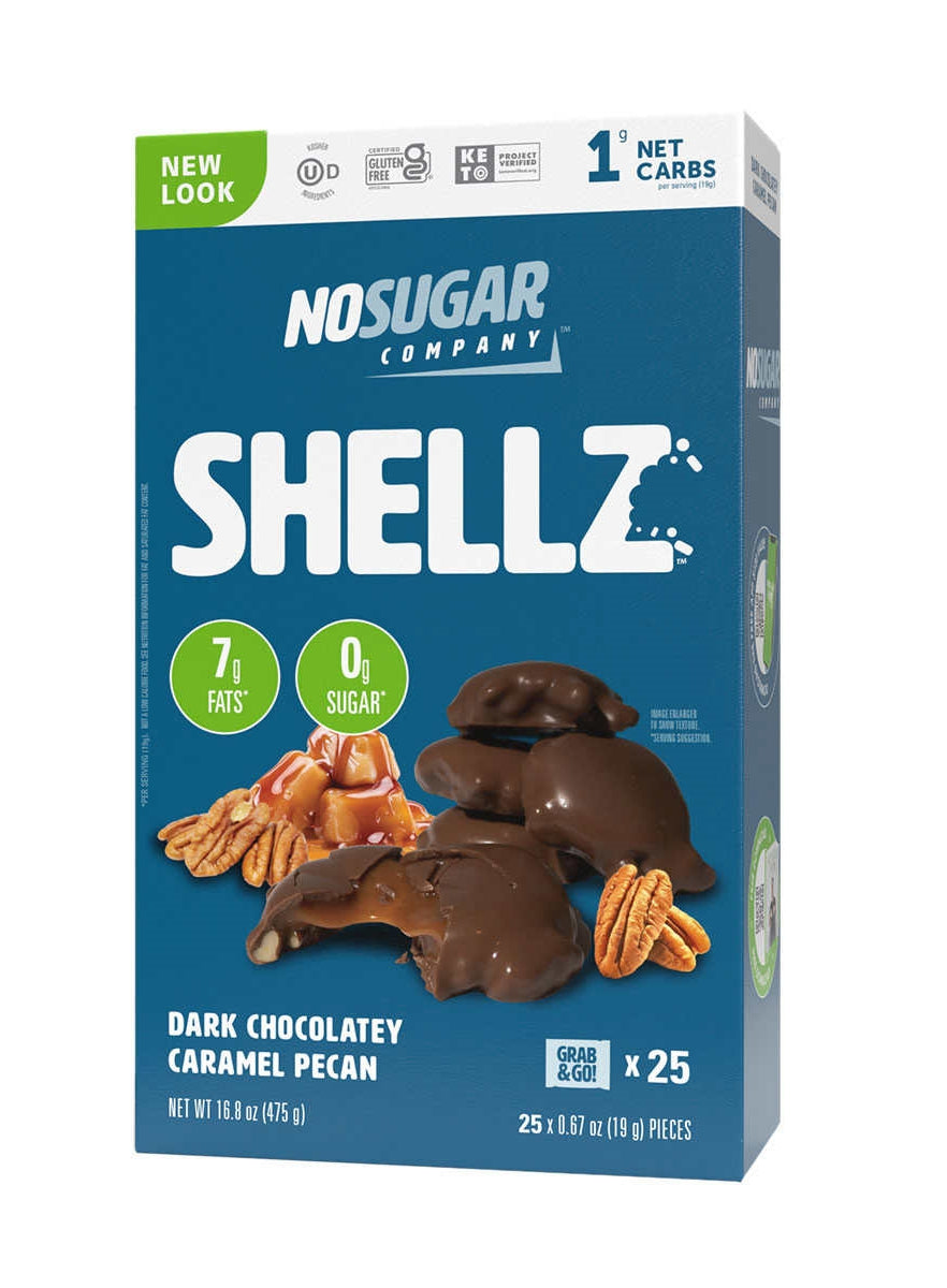 NoSugar Company Shellz, Dark Chocolatey Caramel Pecan Clusters, 19g x 25 Grab & Go Packets, 475g/1 lb Box {Imported from Canada}