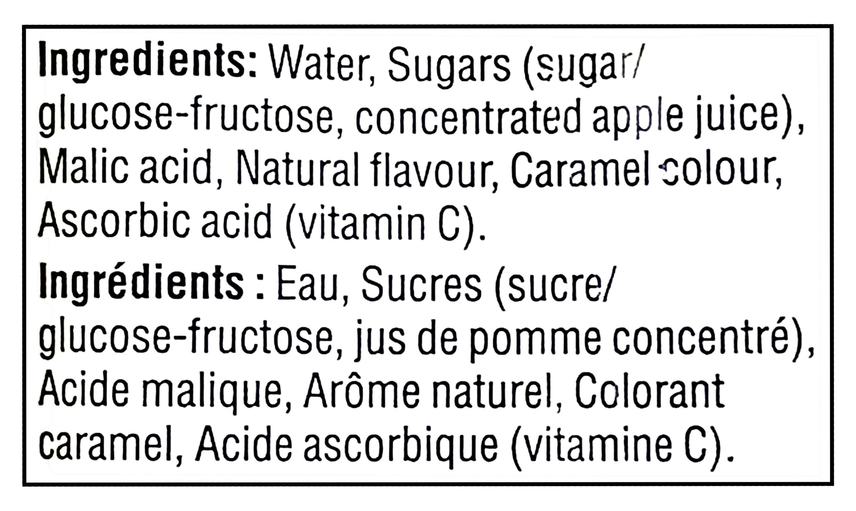 Ingredients list for No Name Apple Juice Boxes, 10x200ml, 2L/70.5 fl oz with both English and French translations.