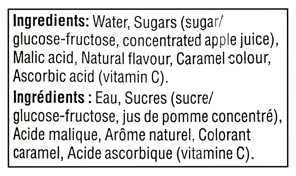 Ingredients list for No Name Apple Juice Boxes, 10x200ml, 2L/70.5 fl oz with both English and French translations.