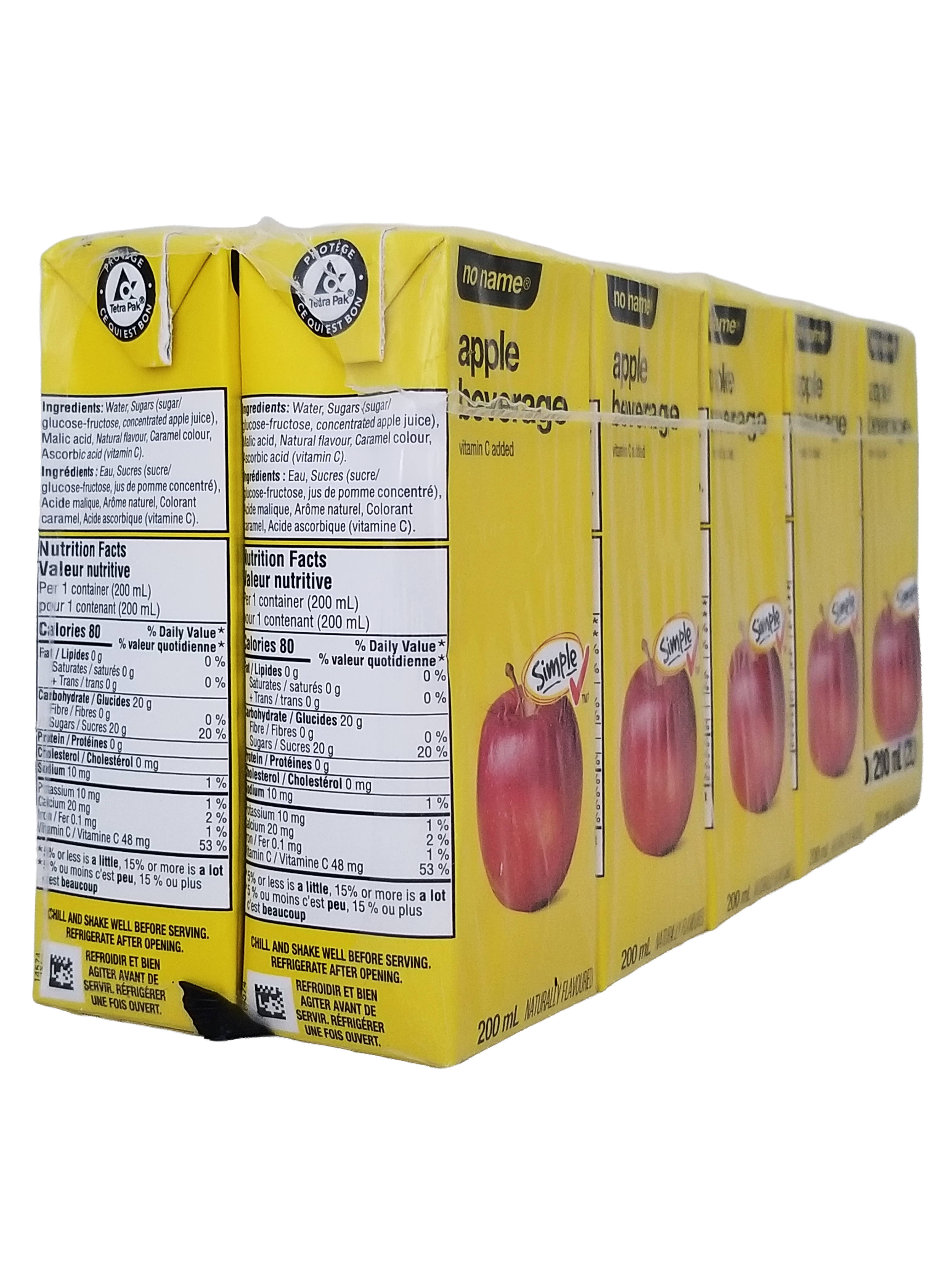 No Name Apple Juice Boxes, 10x200ml, 2L/70.5 fl oz with nutritional information on a white background