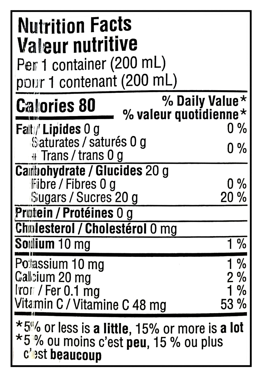 Nutrition facts label for No Name Apple Juice Boxes, 10x200ml, 2L/70.5 fl oz with 200 mL container size