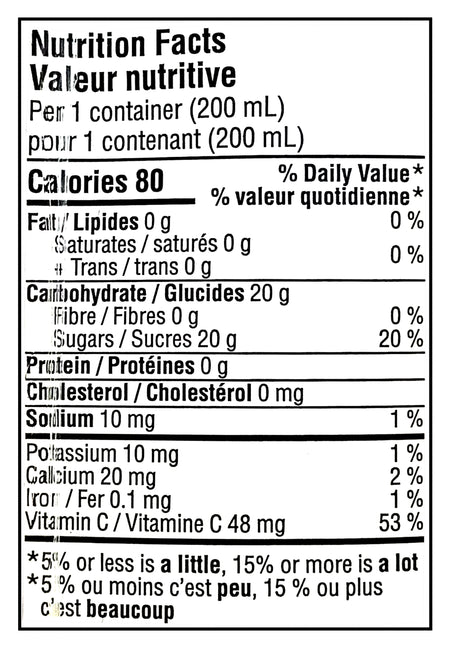 Nutrition facts label for No Name Apple Juice Boxes, 10x200ml, 2L/70.5 fl oz with 200 mL container size