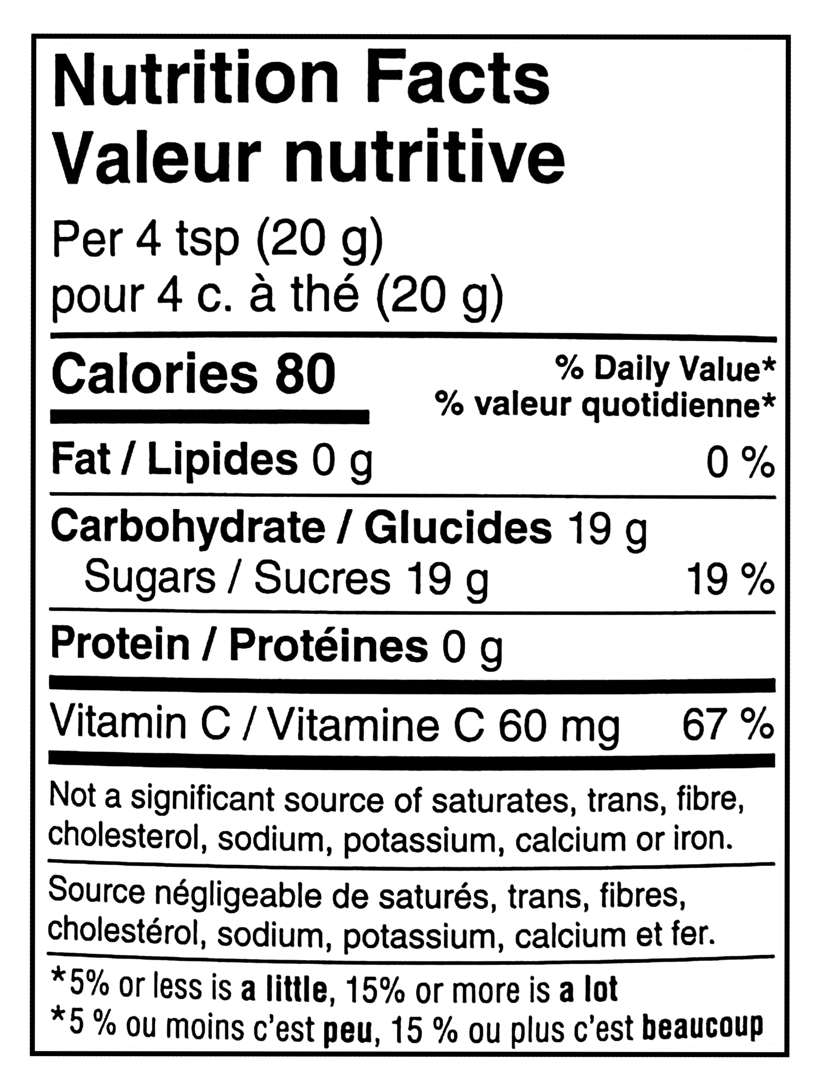 Nutrition facts label for No Name Cherry Drink Mix, 2.3kg/81.1 oz with specific calorie count, carbohydrate content, and vitamin C information.