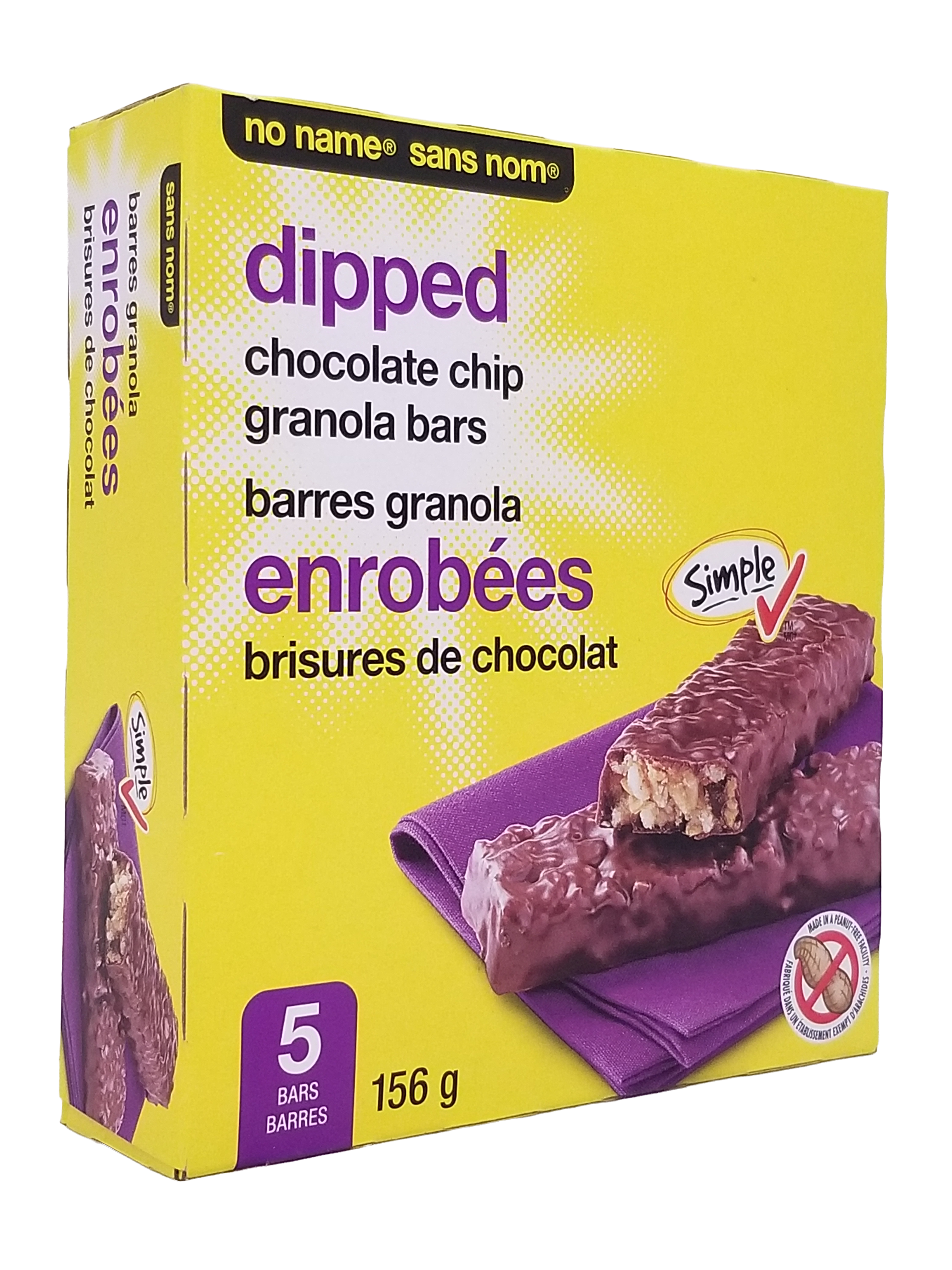 Box of dipped chocolate chip granola bars with a yellow background