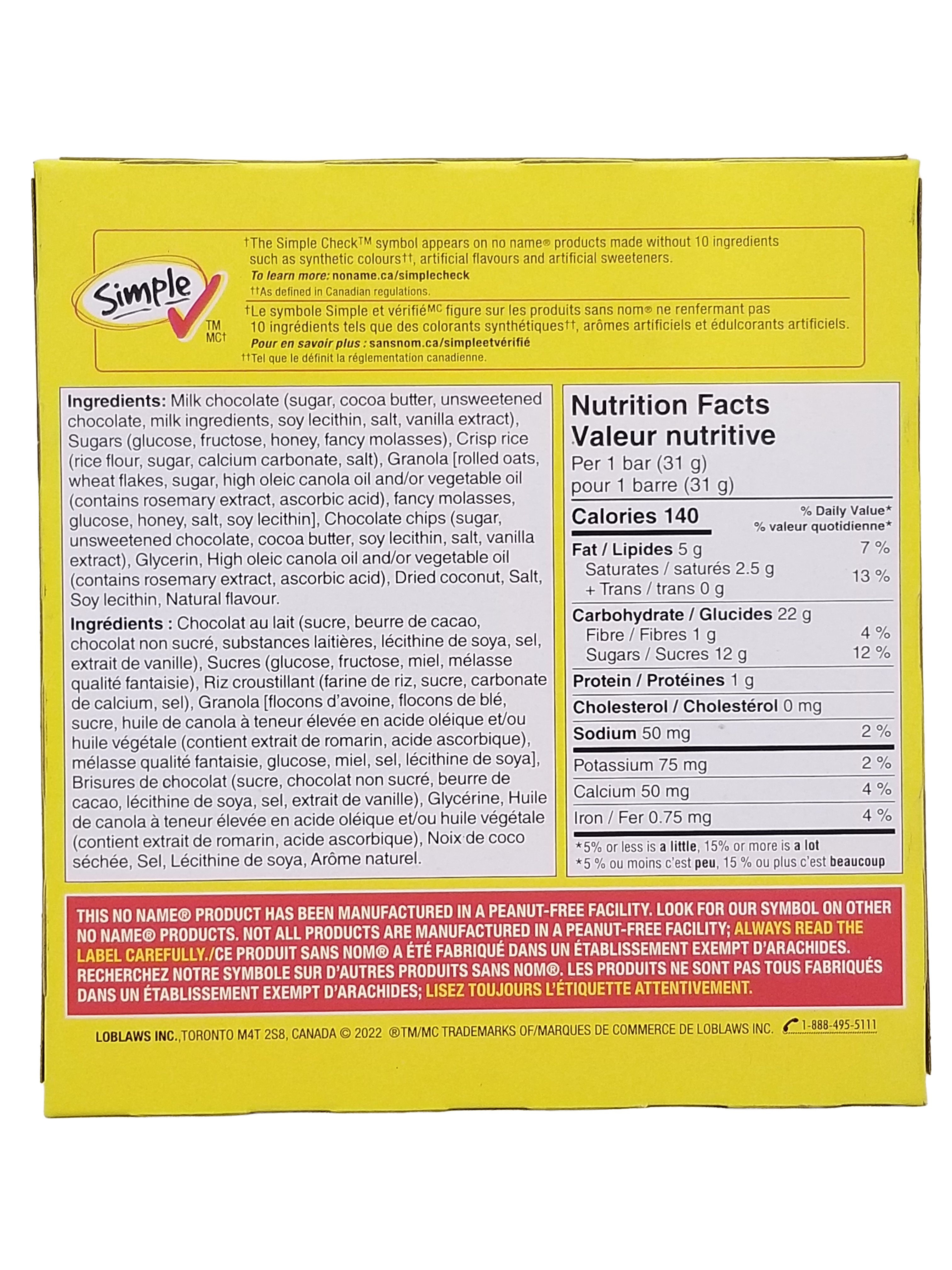Nutrition facts label for No Name Dipped Chocolate Chip Granola Bars on a yellow box 