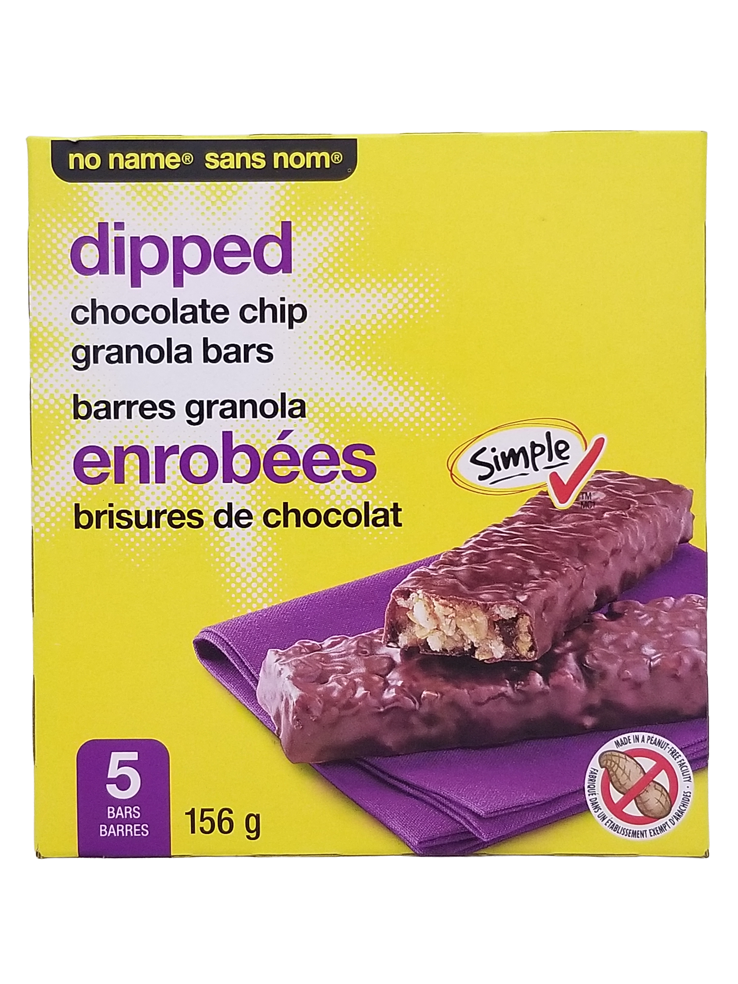 Box of Simple Truth dipped chocolate chip granola bars with a yellow background