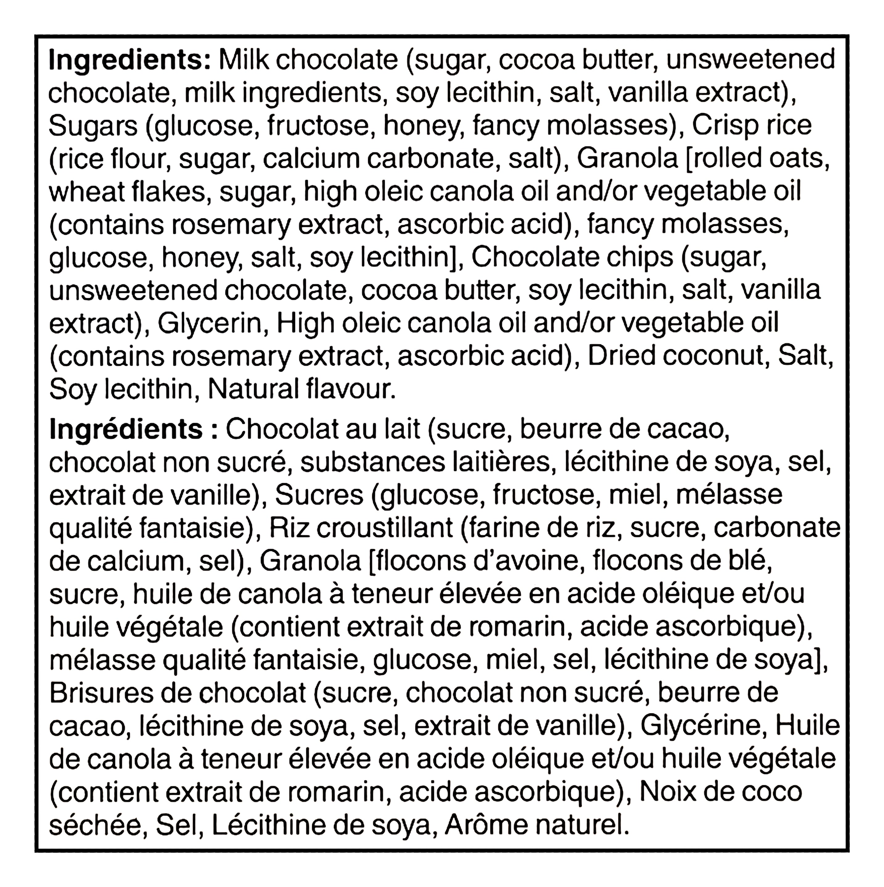Ingredients list for No Name Dipped Chocolate Chip Granola Bars on a white background